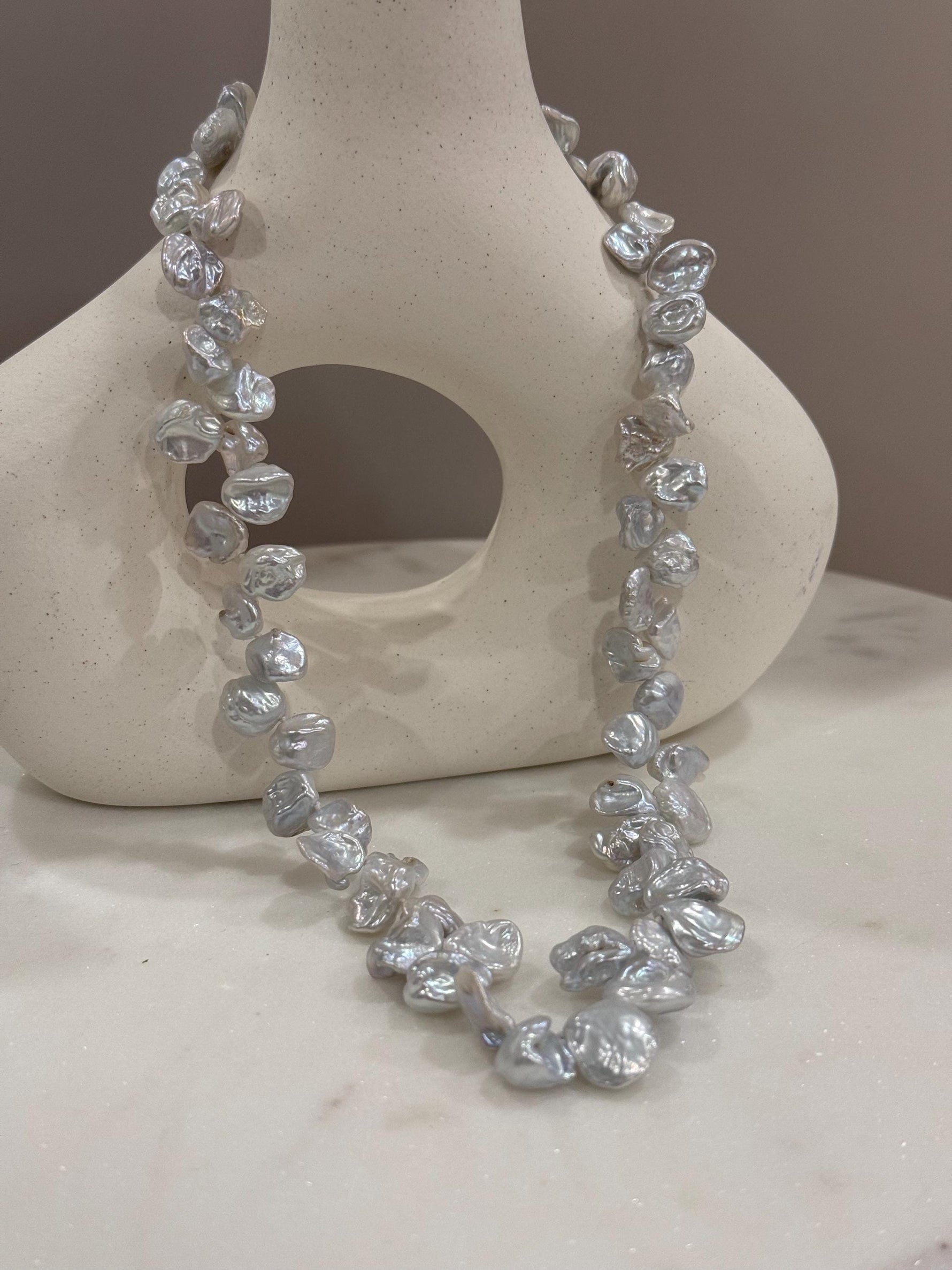 10-12.9mm Huge Keshi floral petal genius blue silver pearl necklace choker elegant attractive perfect anniversary gift for her.