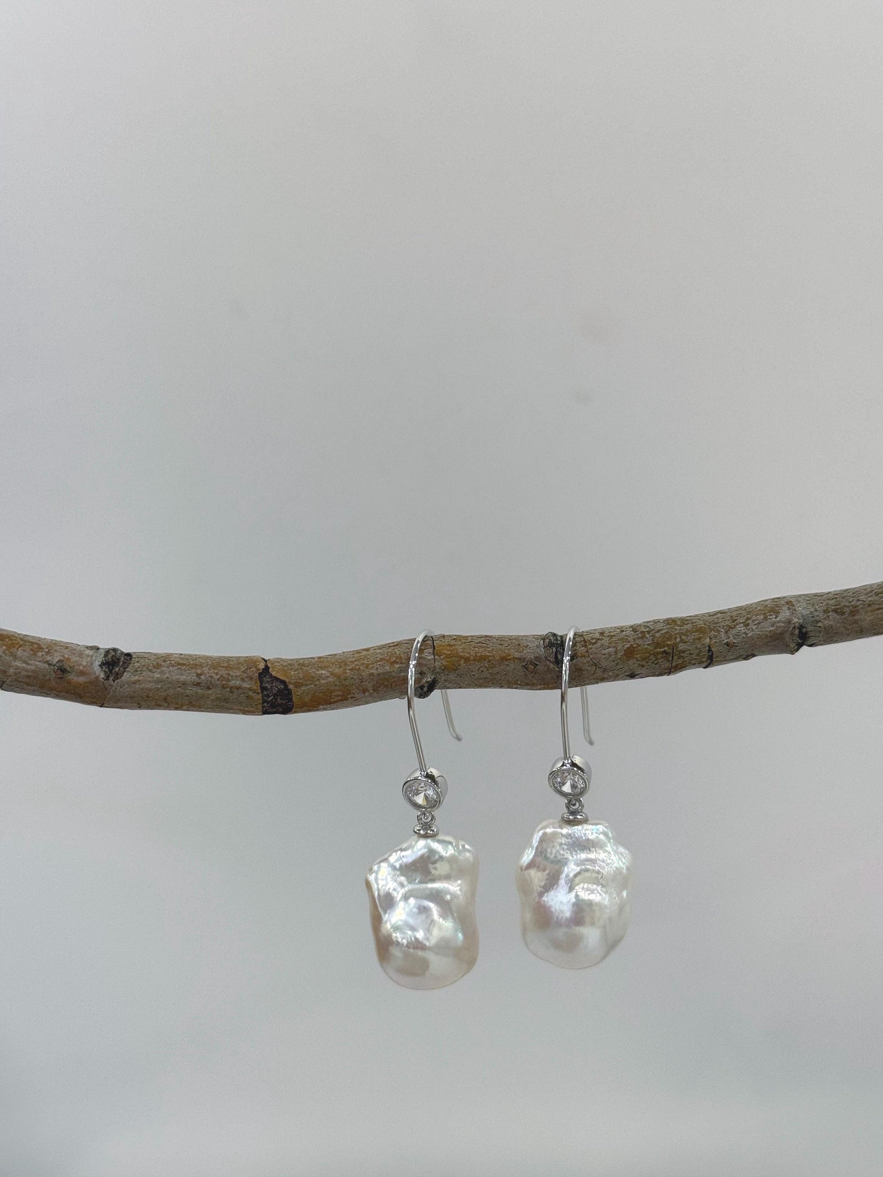 White Iridescent Baroque Pearls Earrings hooks for her birthday