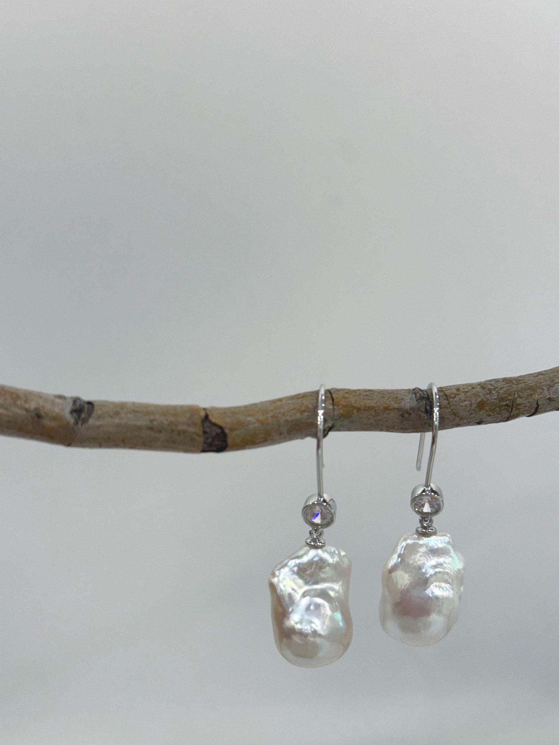 White Iridescent Baroque Pearls Earrings hooks for her daily wear