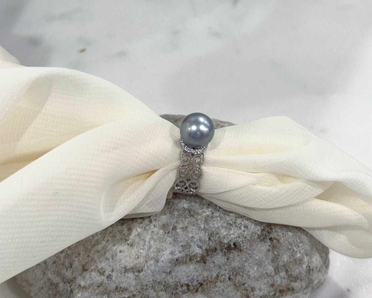 Tahitian silver platinum pearl silver ring for her engagement