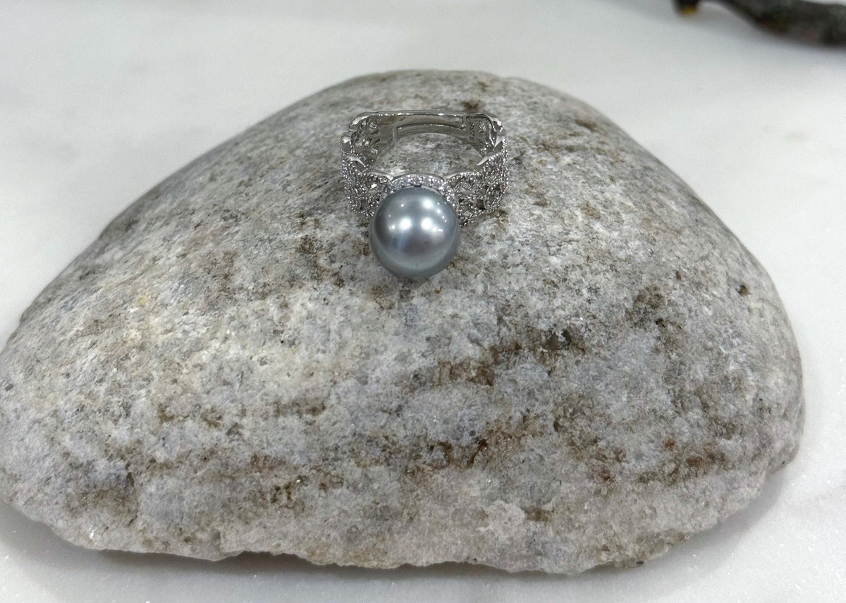 Tahitian silver platinum pearl silver ring for her wedding gift