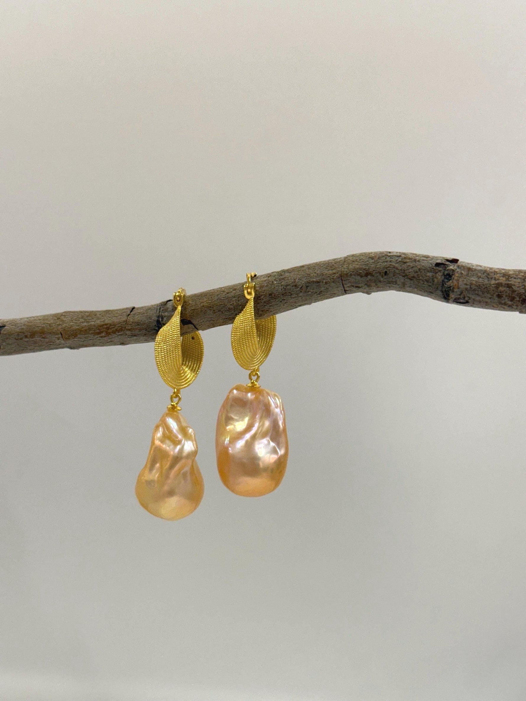 fireball peach gold iridescent baroque pearls vintage earrings hook chandeliers for her daily wear