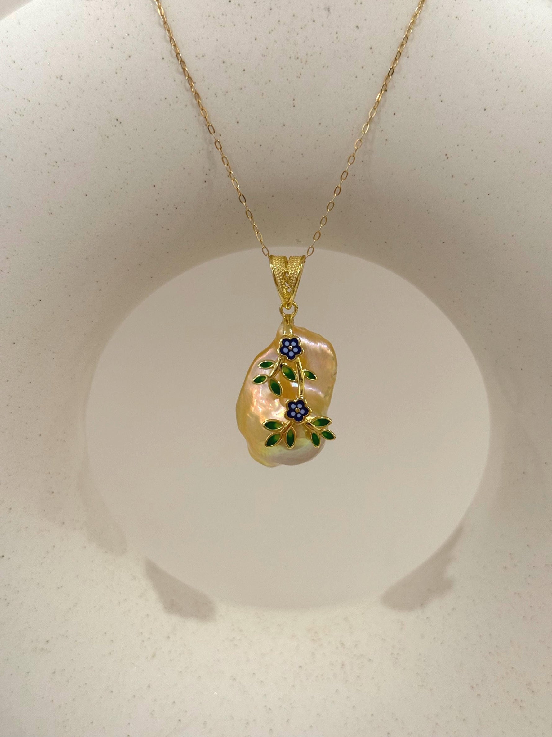 Fireball peach gold iridescent baroque pearl silver floral pendant for her wedding gift