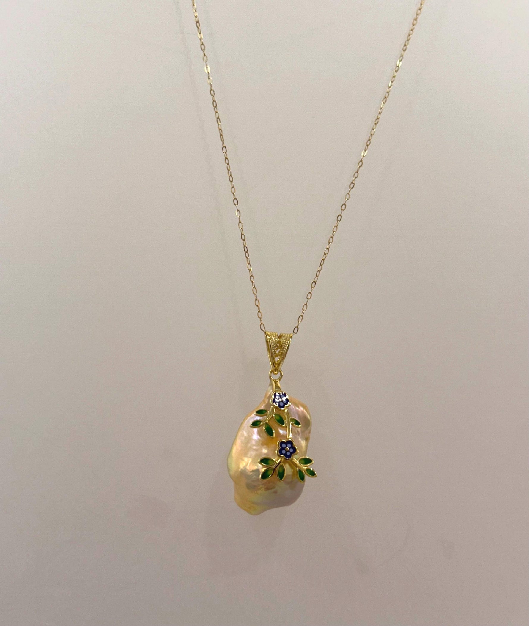 Fireball peach gold iridescent baroque pearl silver floral pendant for her anniversary