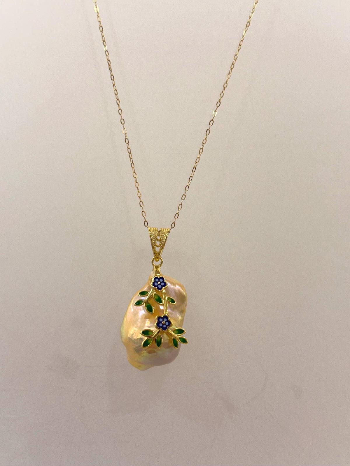 Fireball peach gold iridescent baroque pearl silver floral pendant for her engagement