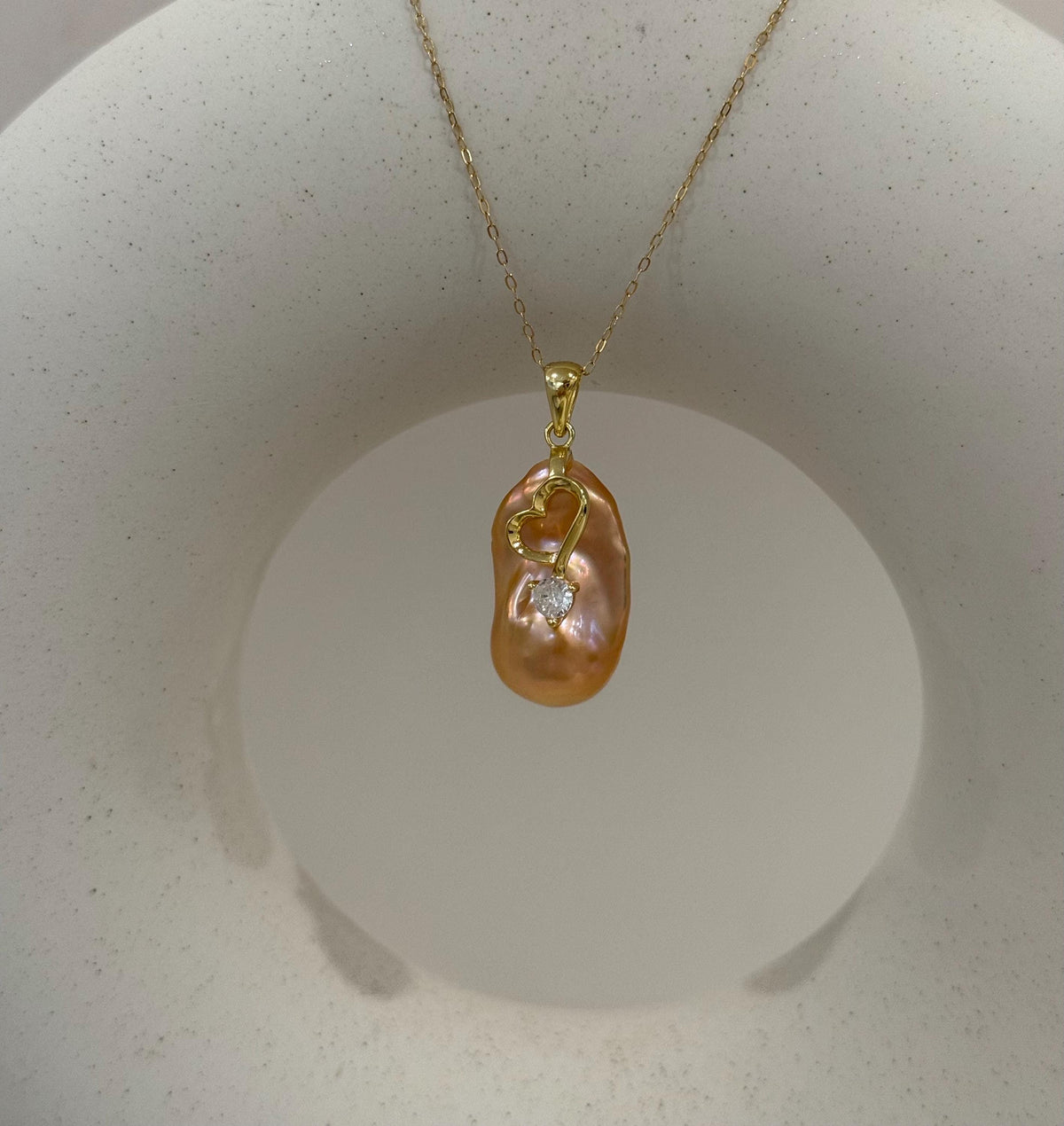 fireball peach gold iridescent baroque pearl floral pendant for her anniversary
