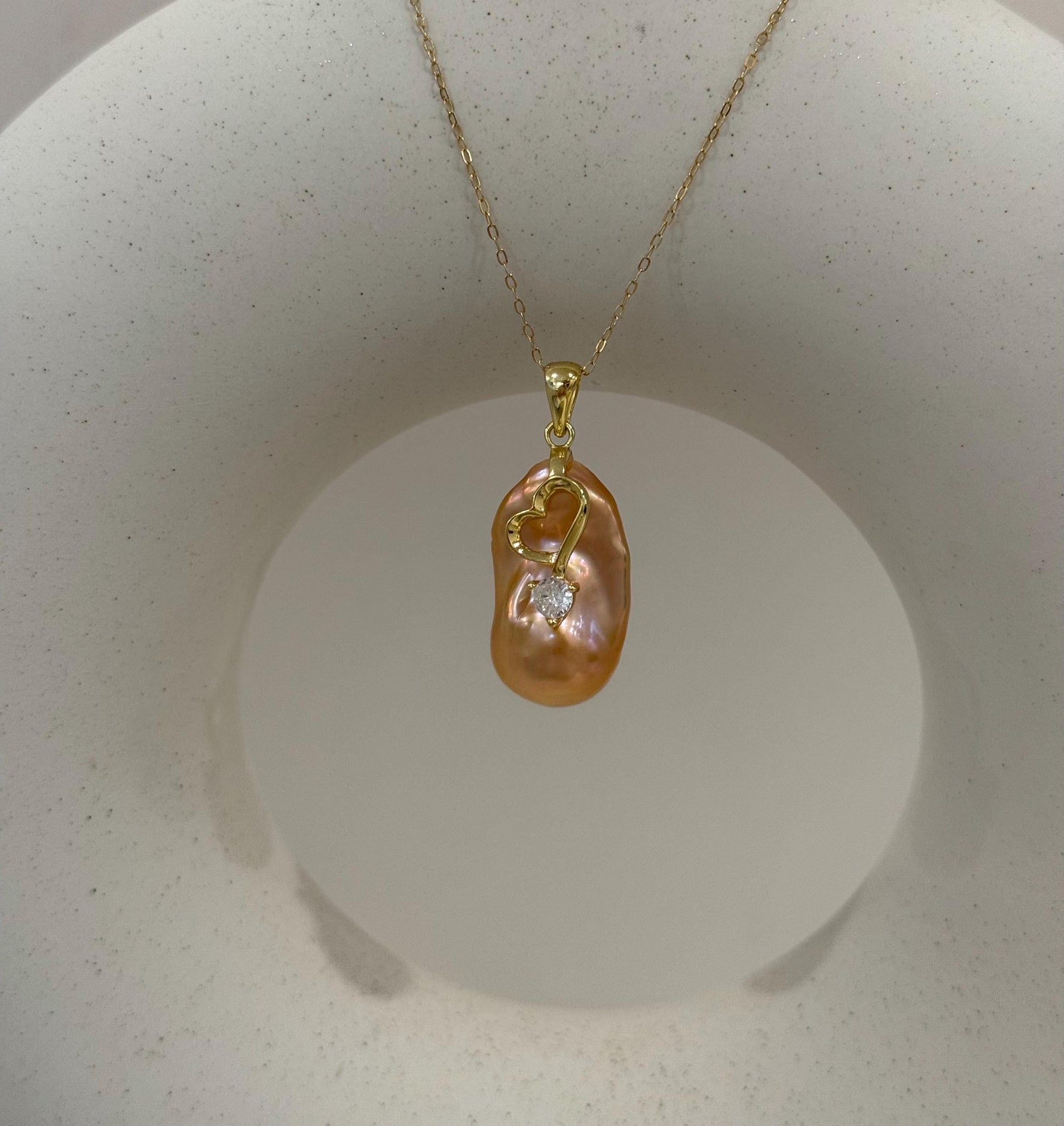 fireball peach gold iridescent baroque pearl floral pendant for her anniversary