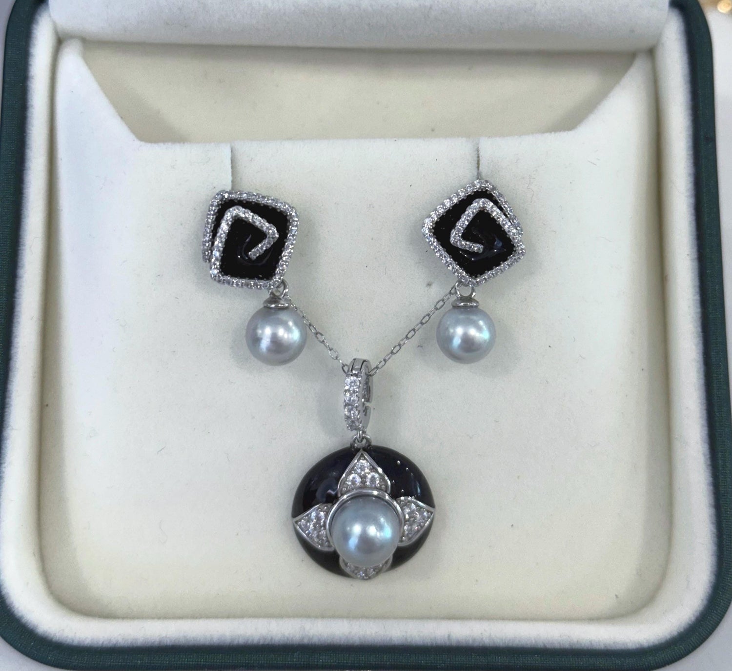 Akoya silver blue pearls vintage earrings necklace set for her