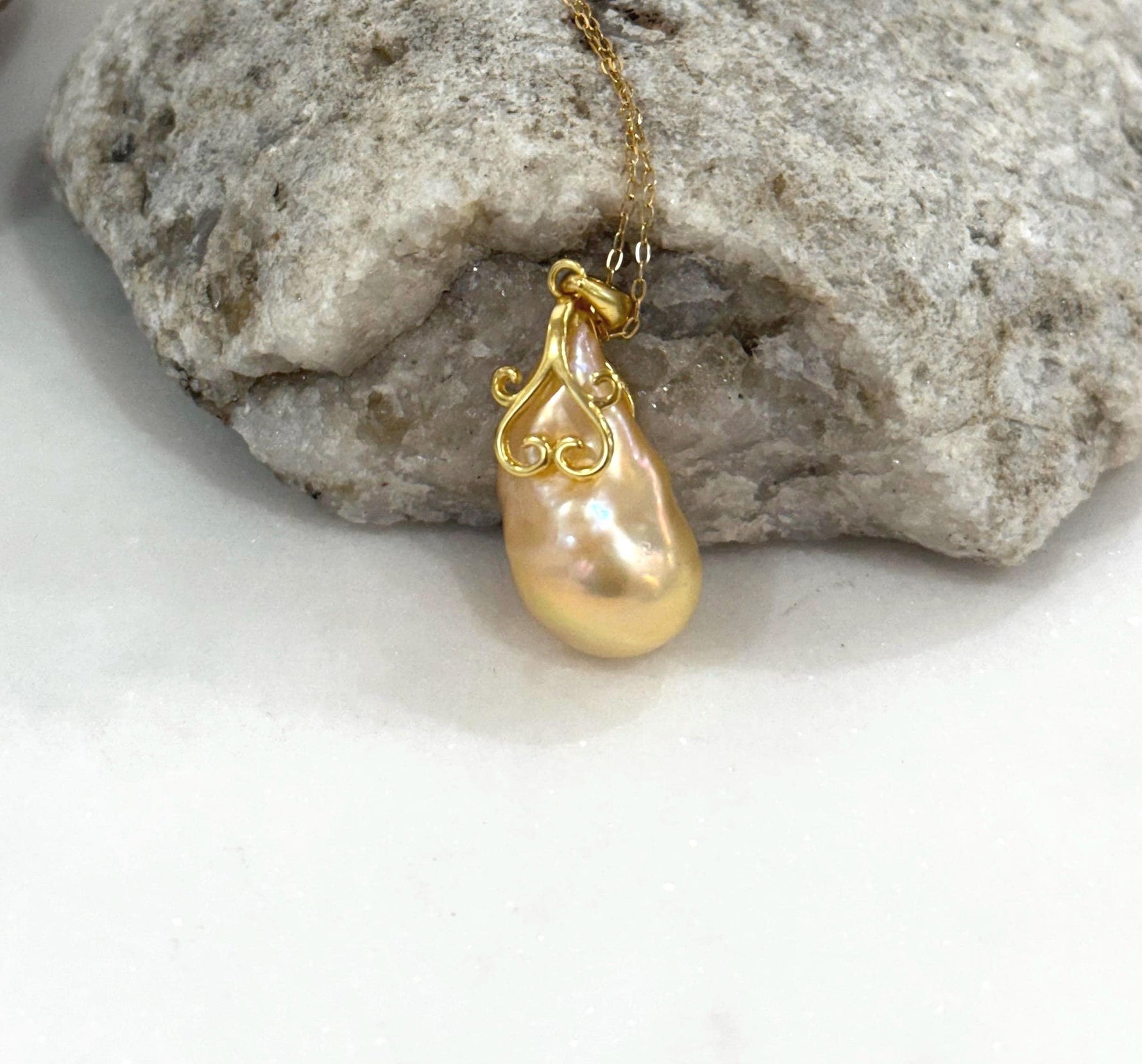 fireball peach gold iridescent baroque pearl floral pendant silver necklace set for her birthday
