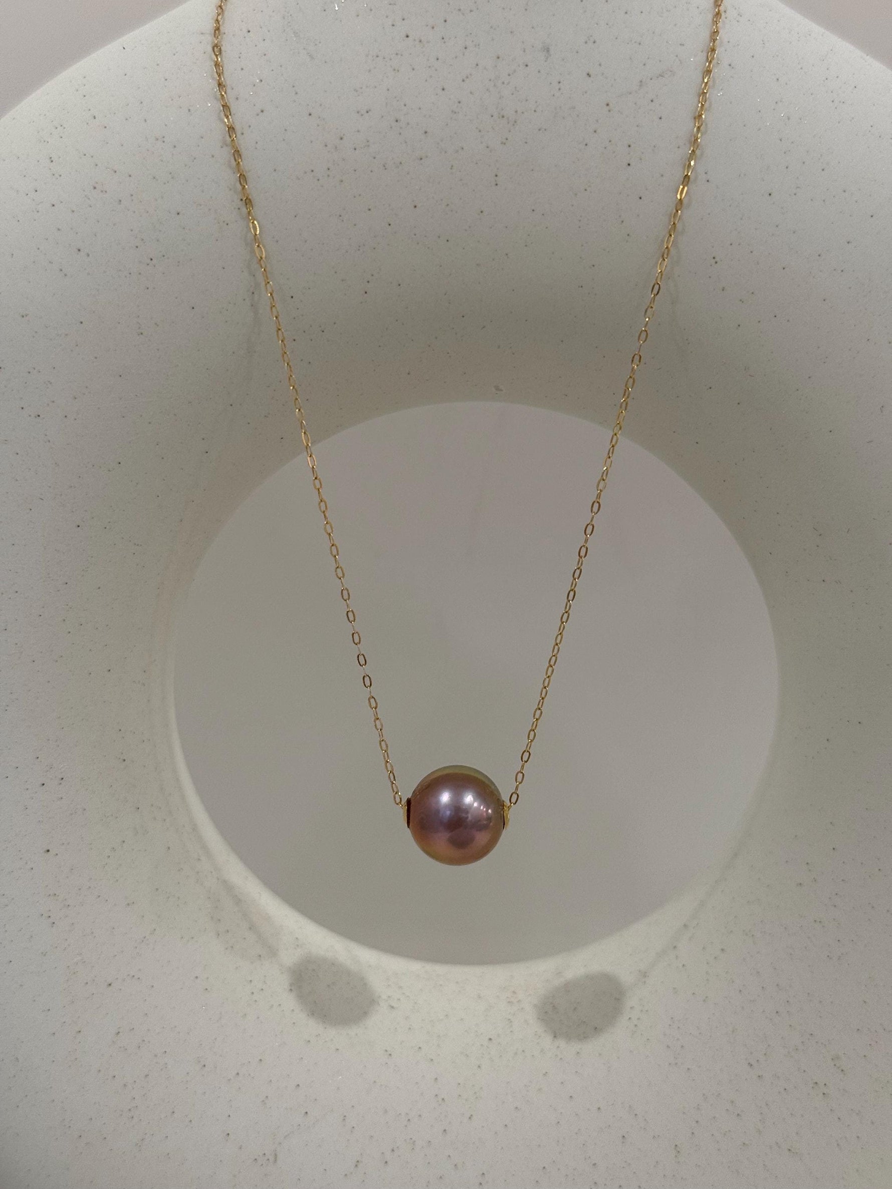 blush pink green hue freshwater Edison pearl floating 18k edges pendant for her engagement