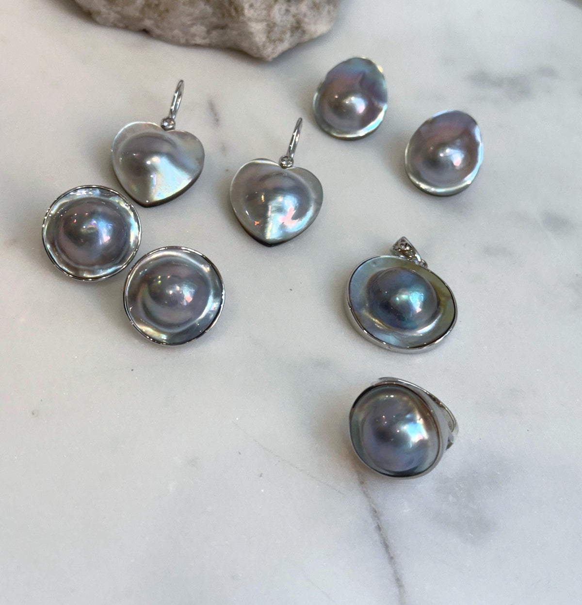 21mm Strong Luster Australian Ocean silver iridescent Round Mabe Pearl minimalist s925silver earrings for her Anniversary.