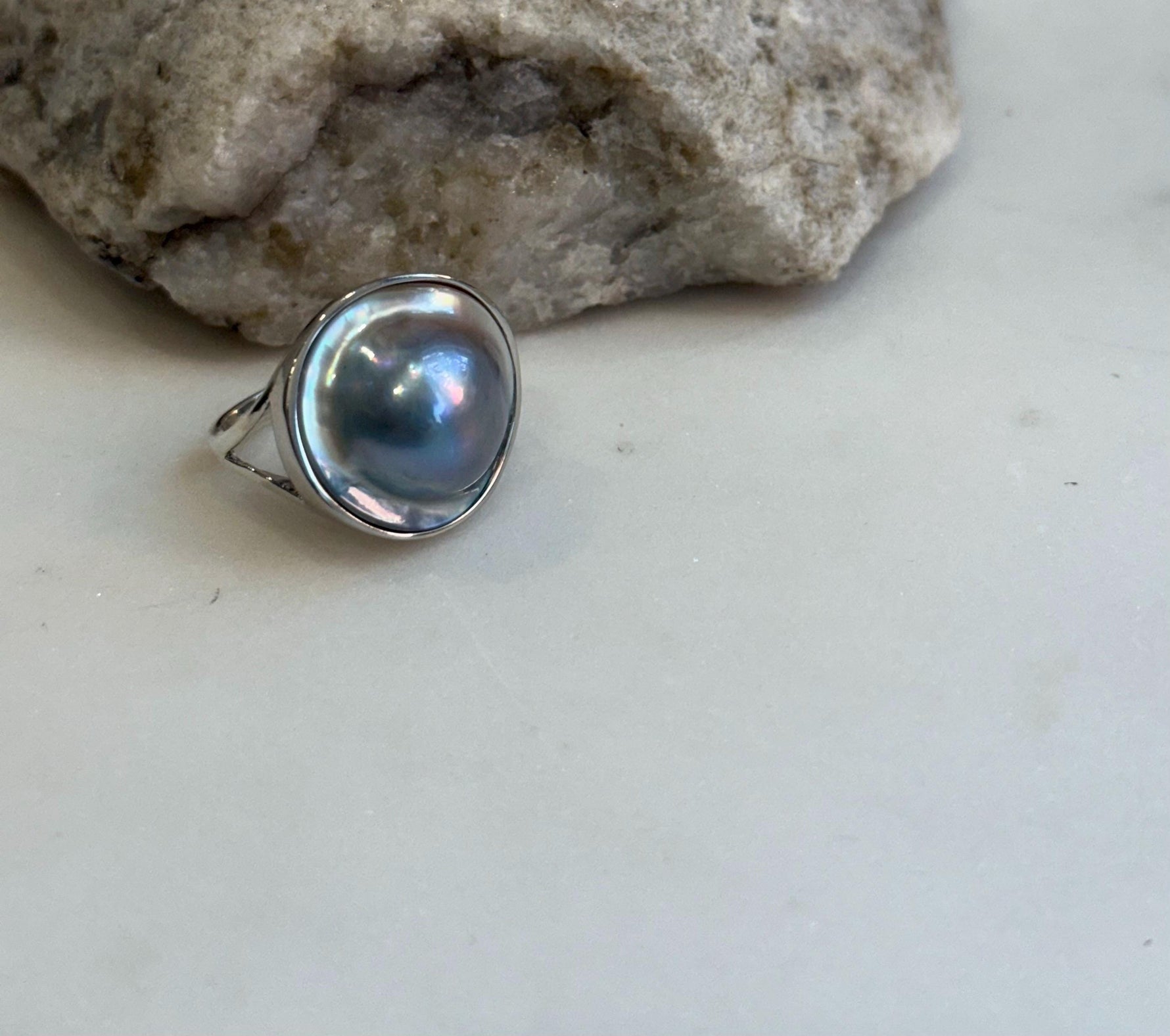 Australian Ocean round Mabe S925 silver adjustable ring for her birthday