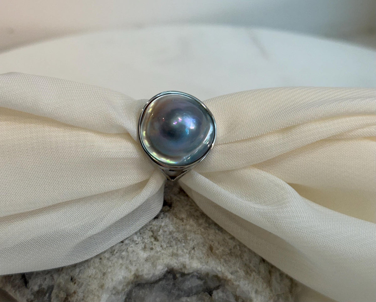 Australian Ocean round Mabe S925 silver adjustable ring for her engagement