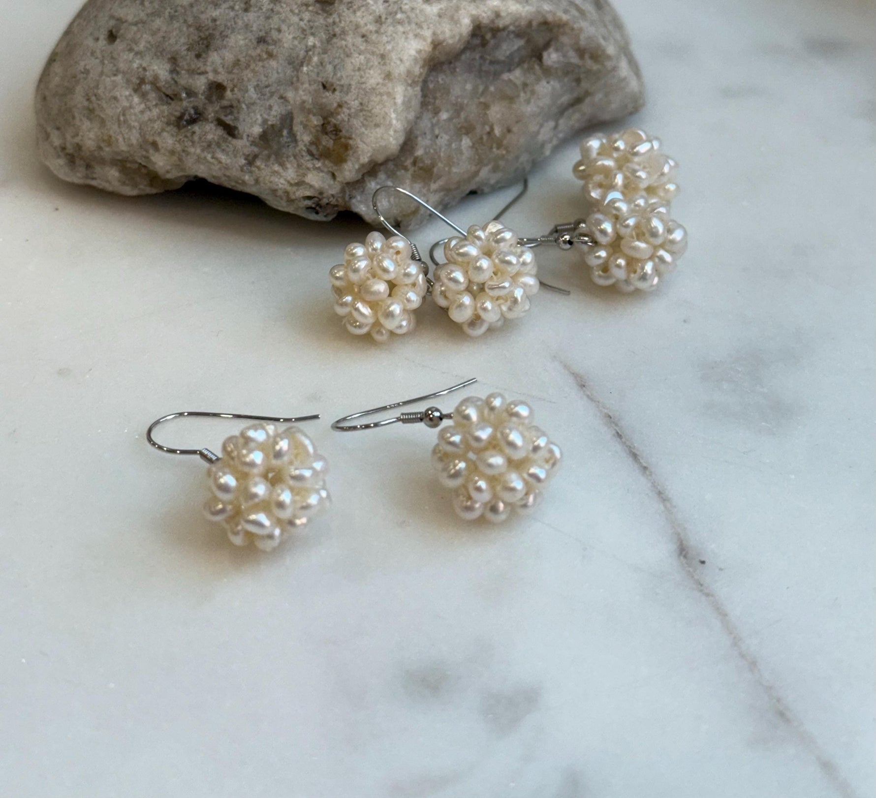 Freshwater ivory Keshi pearls s925 silver hydrangeas balls earrings hooks for her daily wear