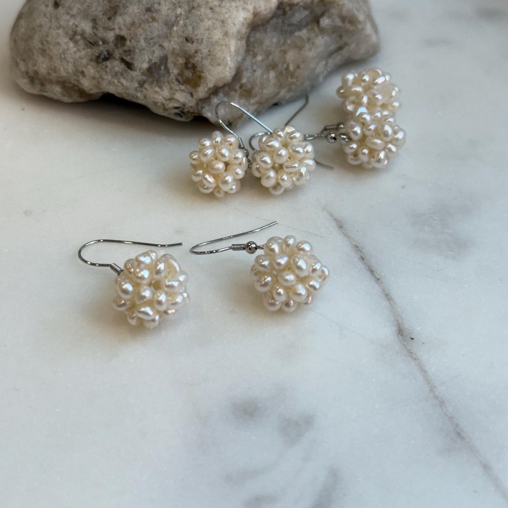 Freshwater ivory Keshi pearls s925 silver hydrangeas balls earrings hooks for her graduation