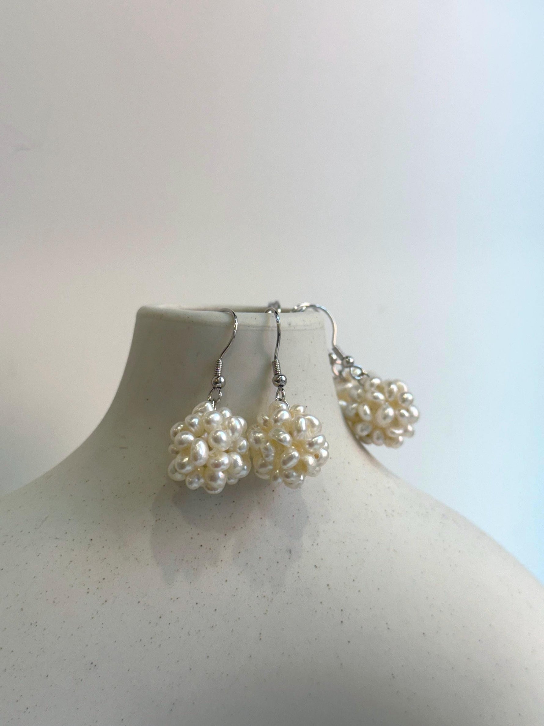 Freshwater ivory Keshi pearls s925 silver hydrangeas balls earrings hooks for her anniversary