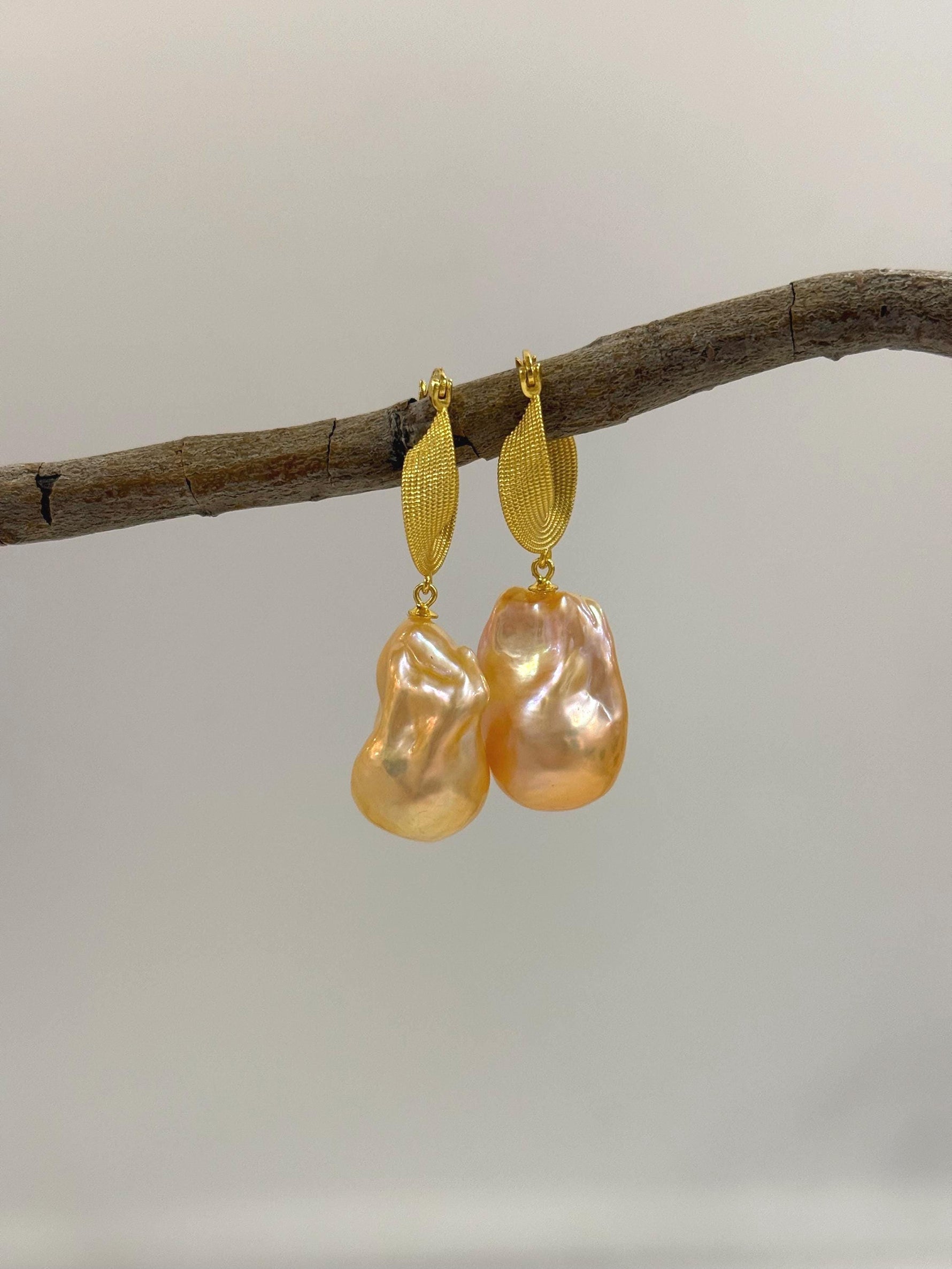 fireball peach gold iridescent baroque pearls vintage earrings hook chandeliers for her engagement