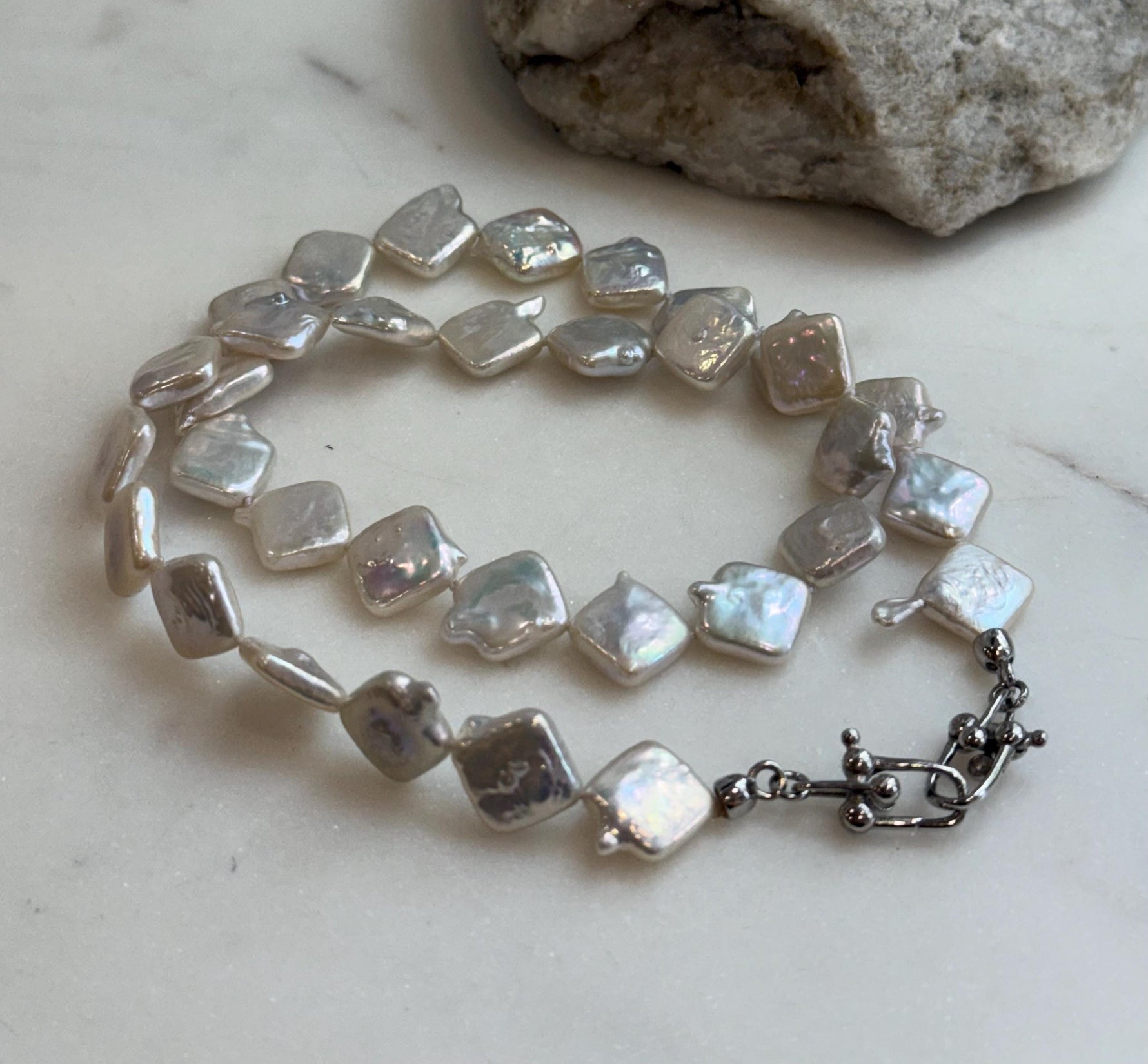 unique white iridescent freshwater square Keshi pearls s925 silver necklace strand for her office wear
