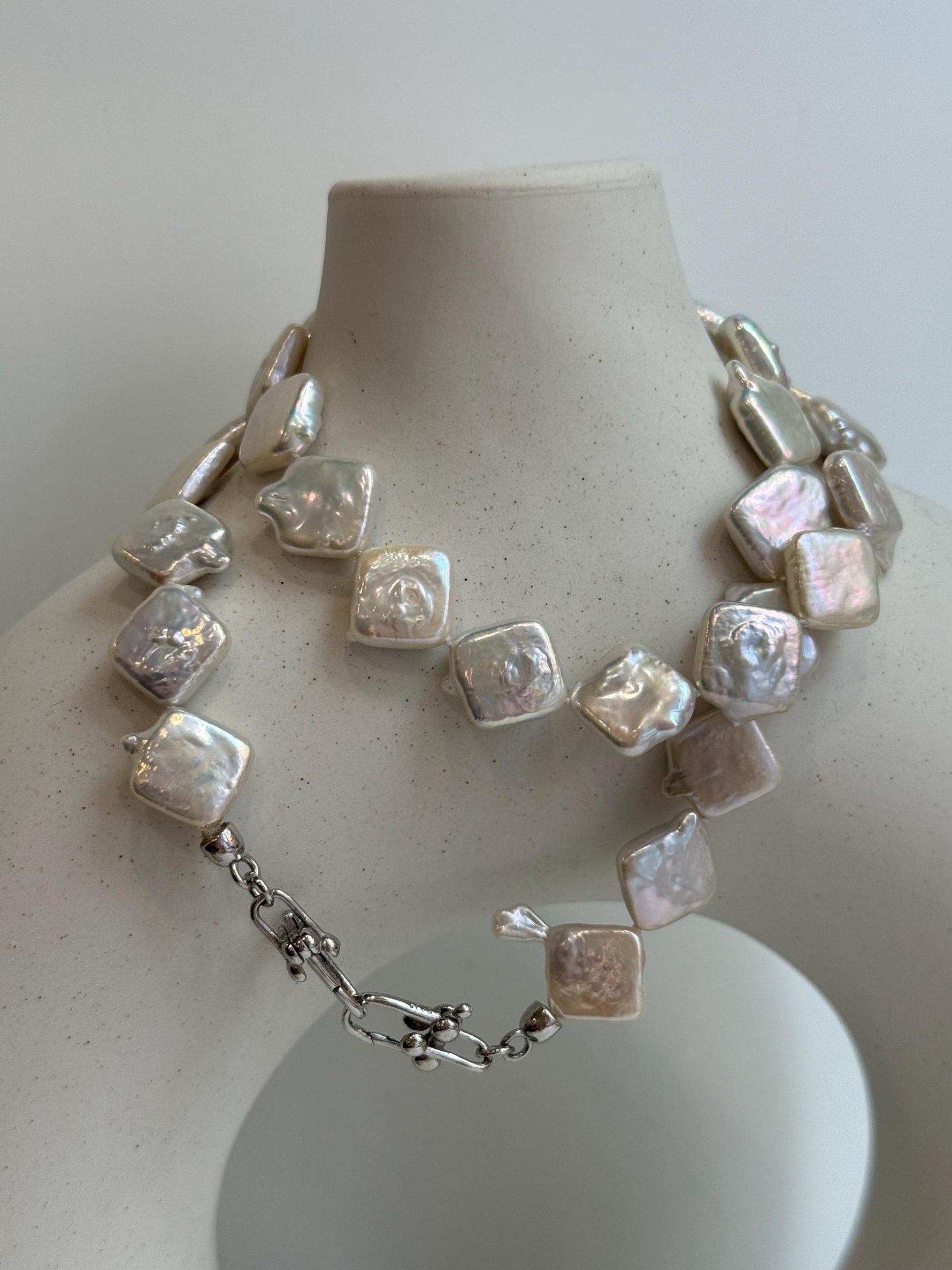 unique white iridescent freshwater square Keshi pearls s925 silver necklace strand for her birthday