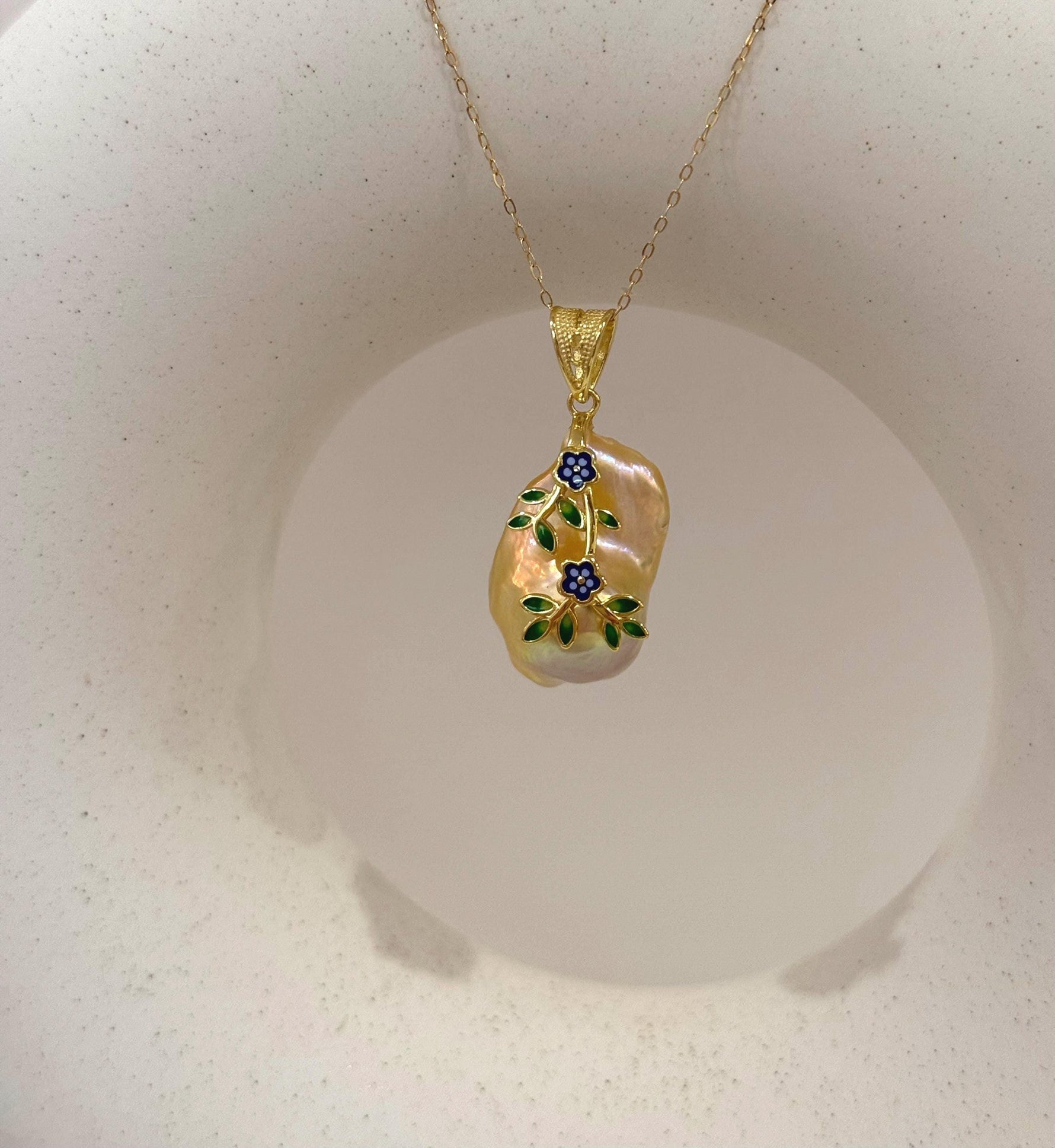 Fireball peach gold iridescent baroque pearl silver floral pendant for her