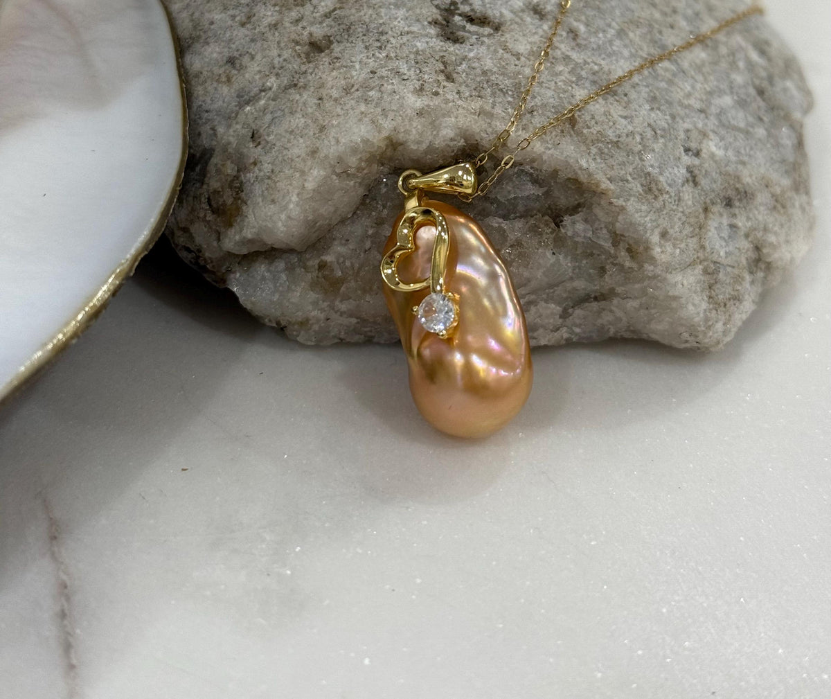 fireball peach gold iridescent baroque pearl floral pendant for her birthday