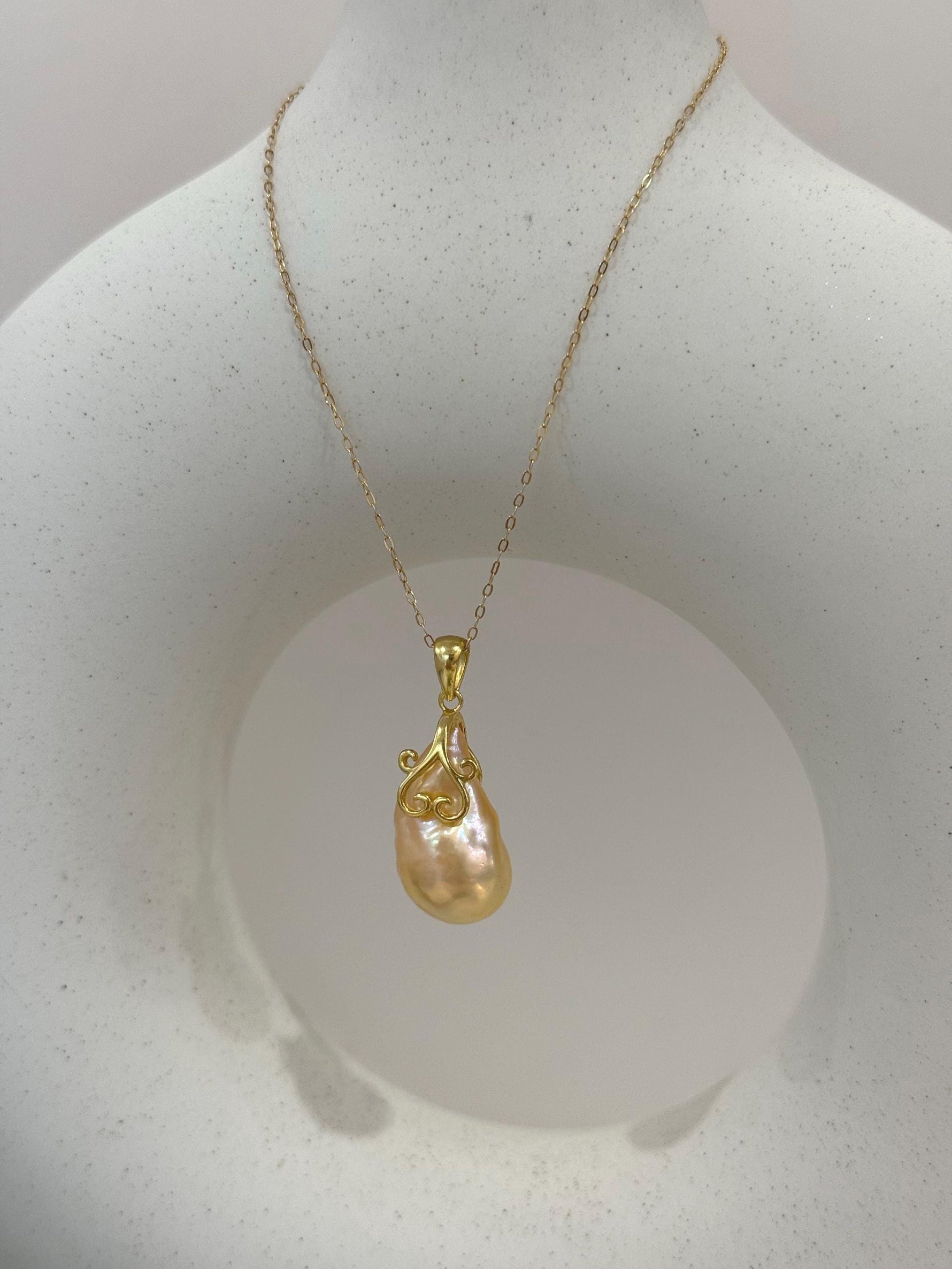 fireball peach gold iridescent baroque pearl floral pendant silver necklace set for her