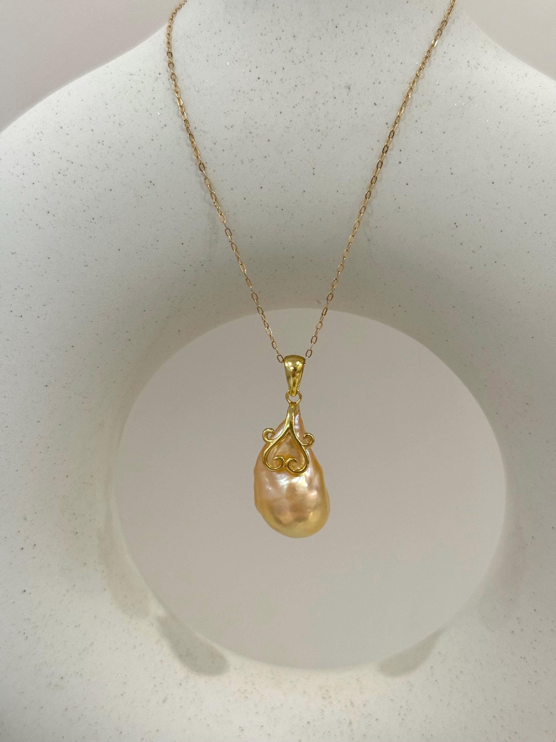 fireball peach gold iridescent baroque pearl floral pendant silver necklace set for her daily wear