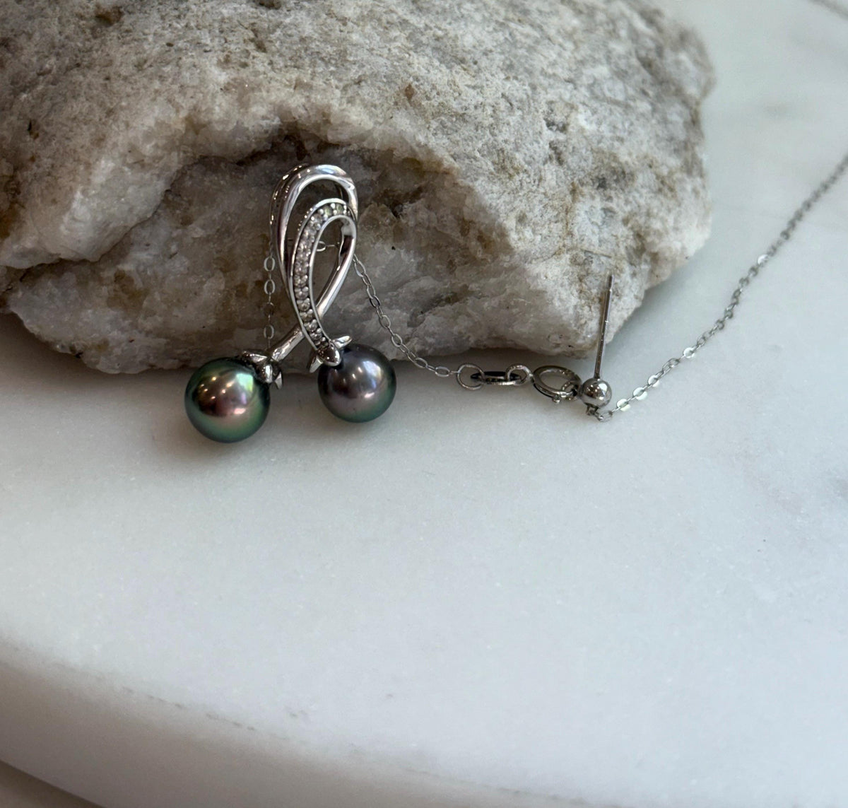 Tahitian peacock green double pearls s925 silver cherry stylish pendant necklace set for her birthday