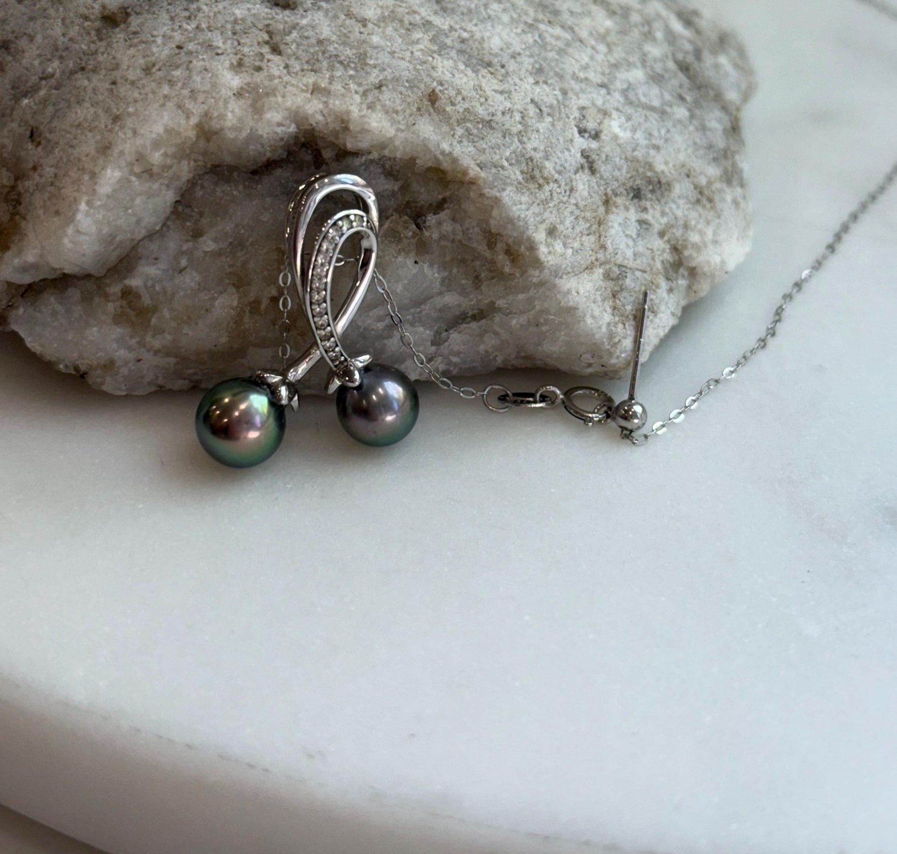 Tahitian peacock green double pearls s925 silver cherry stylish pendant necklace set for her birthday