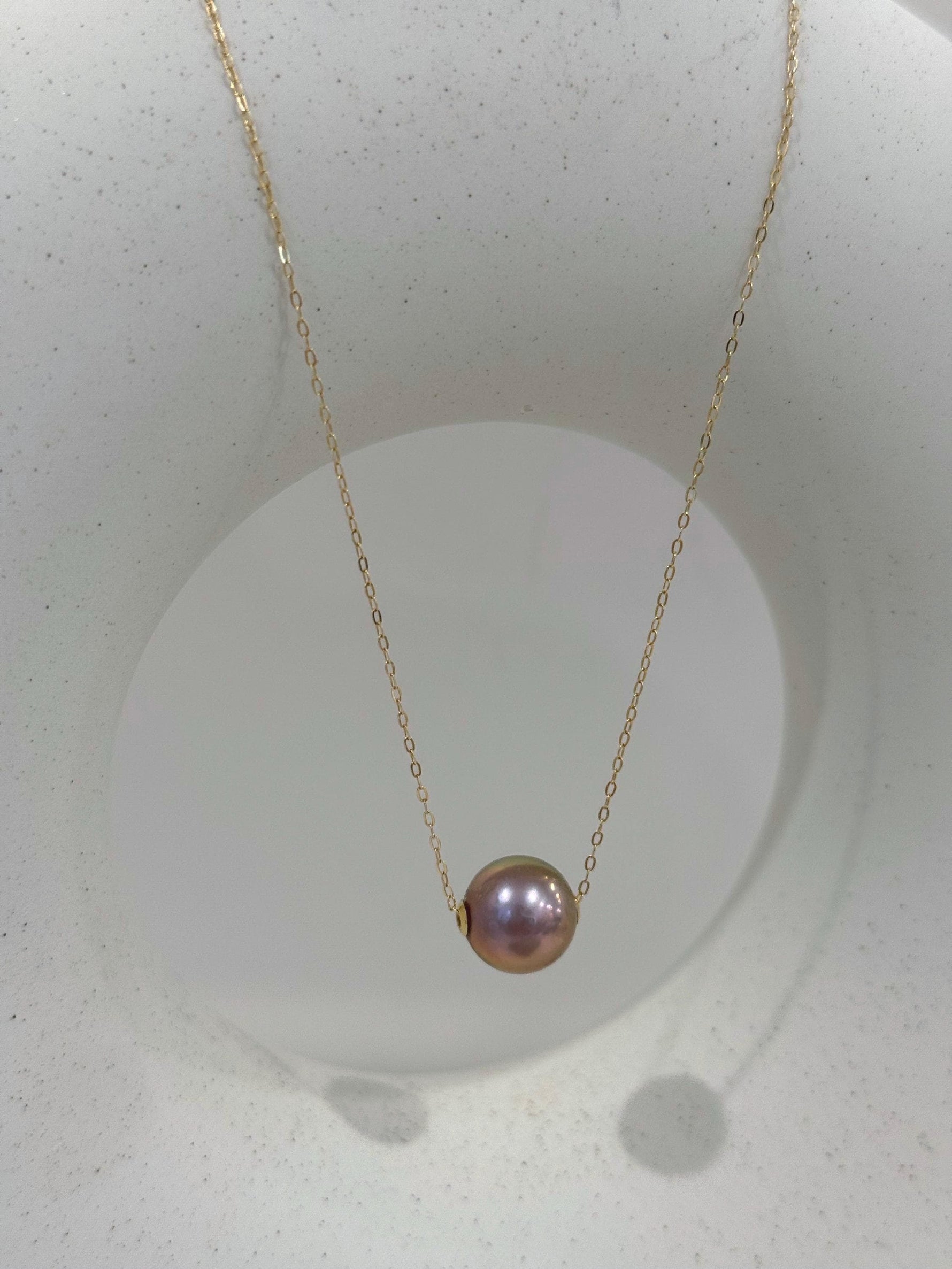 blush pink green hue freshwater Edison pearl floating 18k edges pendant for her