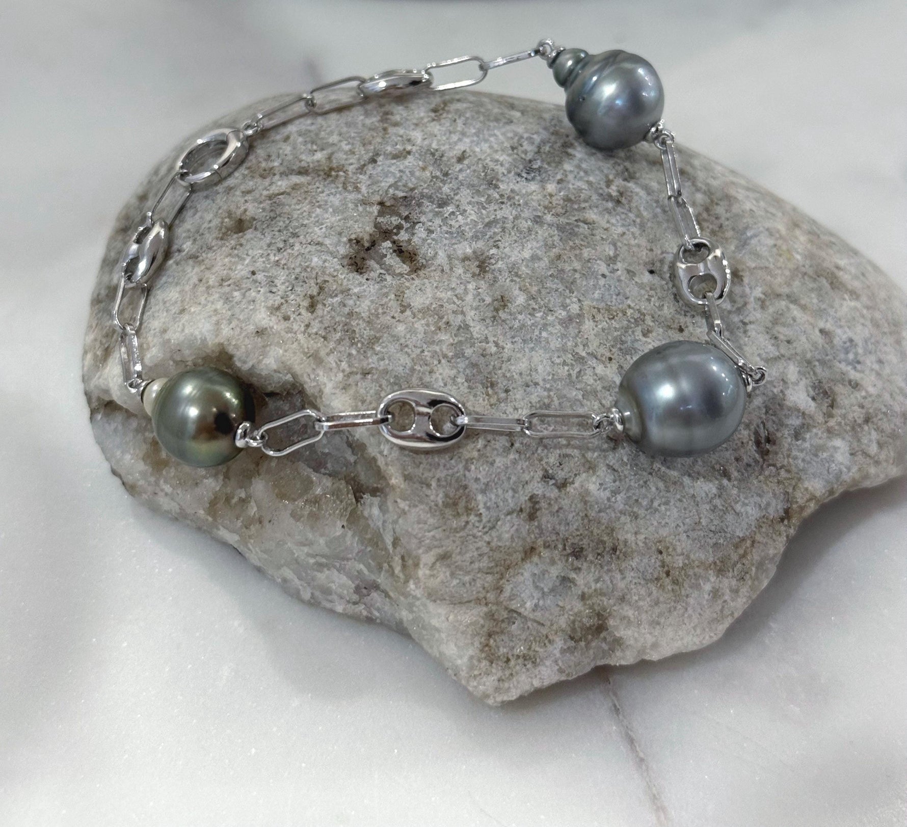 Tahitian 3 pearls silver blue s925 silver adjustable bracelet for her