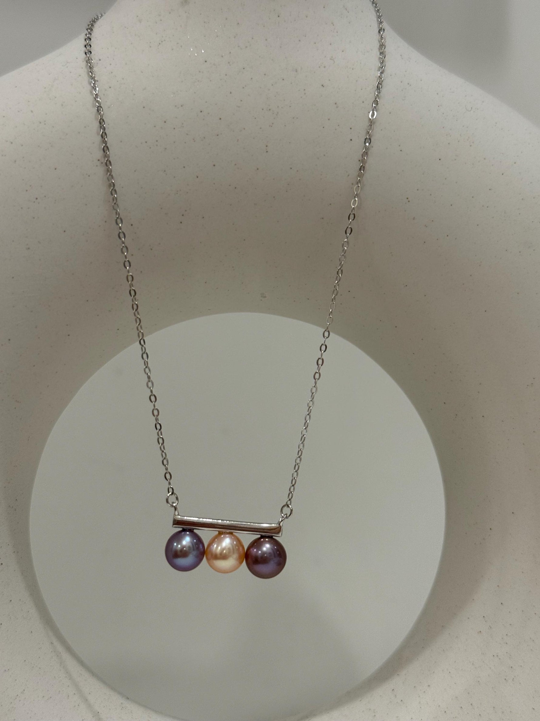 cheap tri pearls freshwater peach purple lavender pearls s925 silver balancing pendant necklace set for her