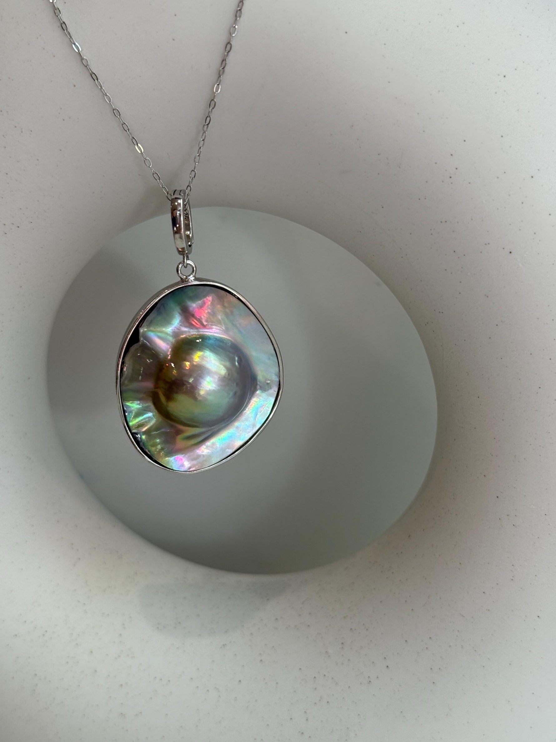 Australian Ocean Metallic rainbow Mabe Pearl s925 silver pendant necklace set for her anniversary