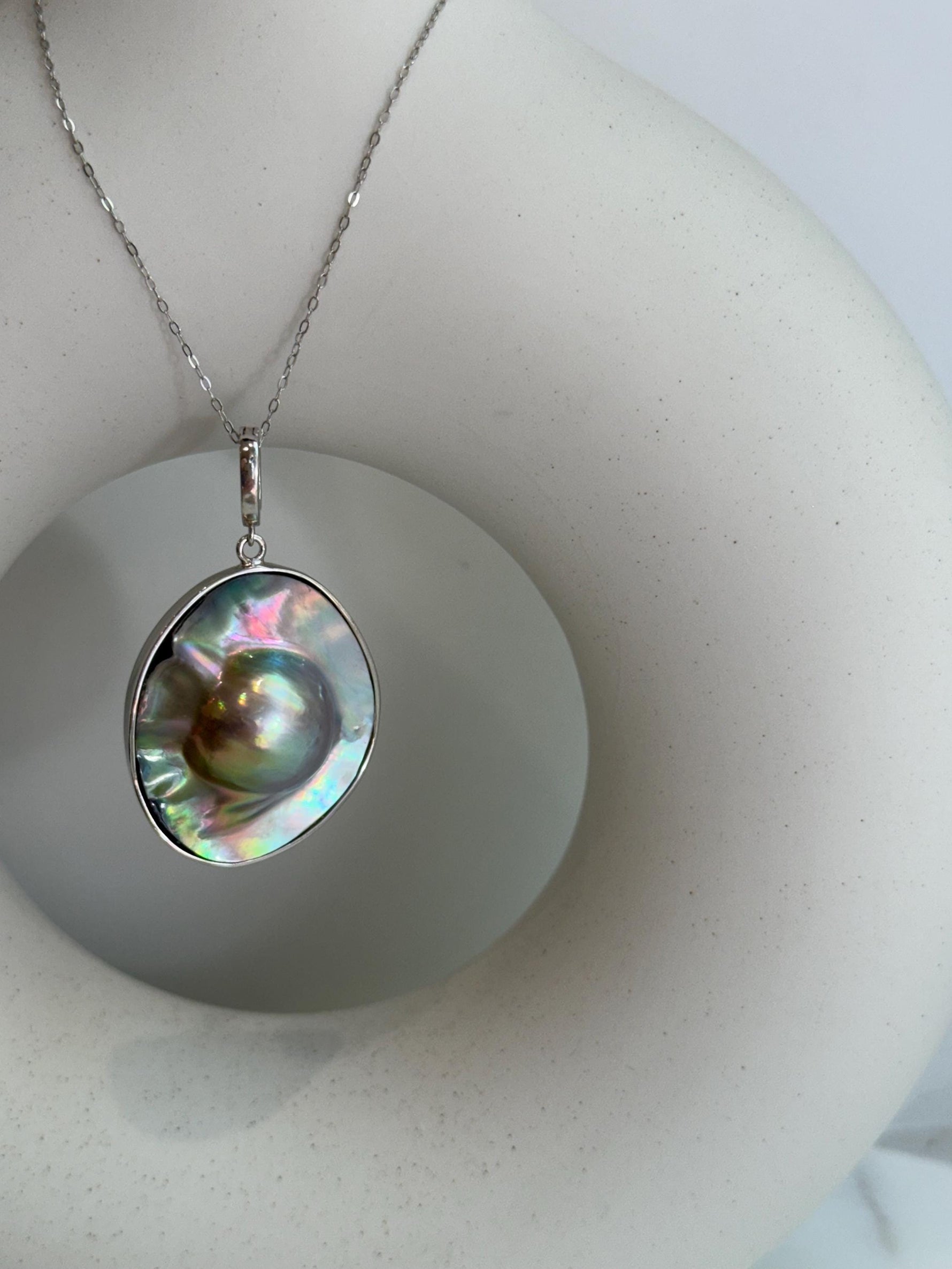 Australian Ocean Metallic rainbow Mabe Pearl s925 silver pendant necklace set for her holiday gift
