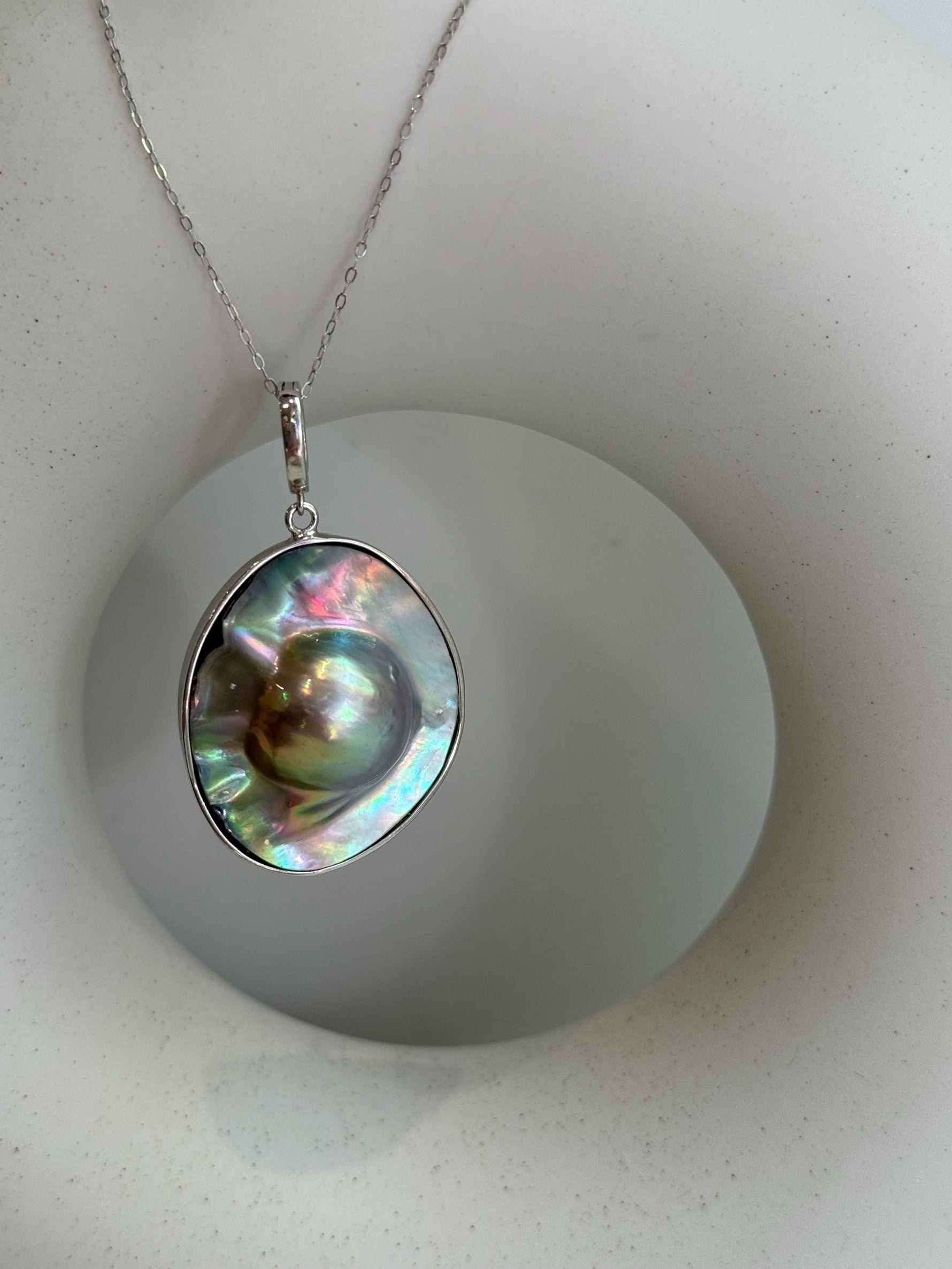 Australian Ocean Metallic rainbow Mabe Pearl s925 silver pendant necklace set for her graduation