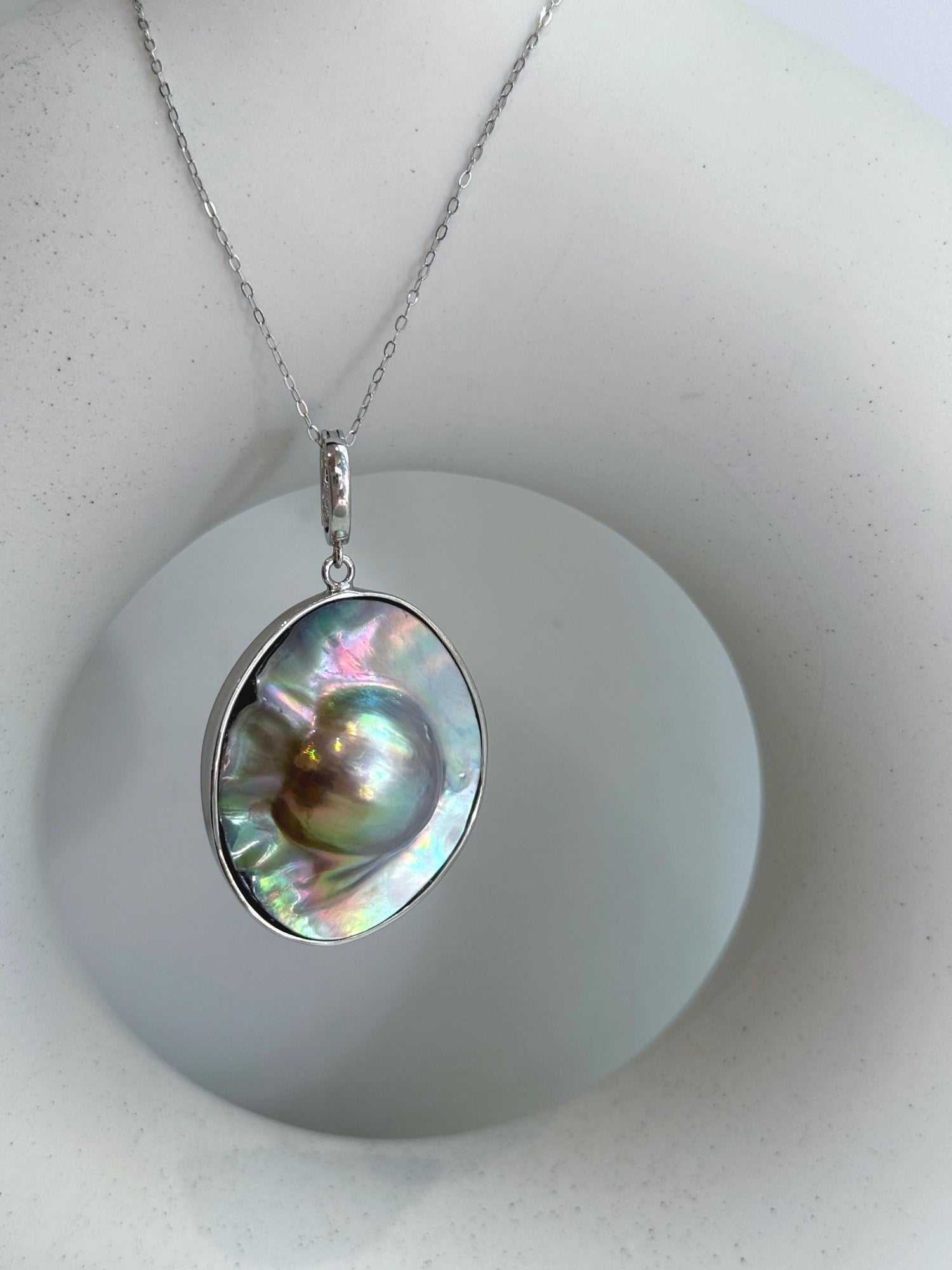 Australian Ocean Metallic rainbow Mabe Pearl s925 silver pendant necklace set for her