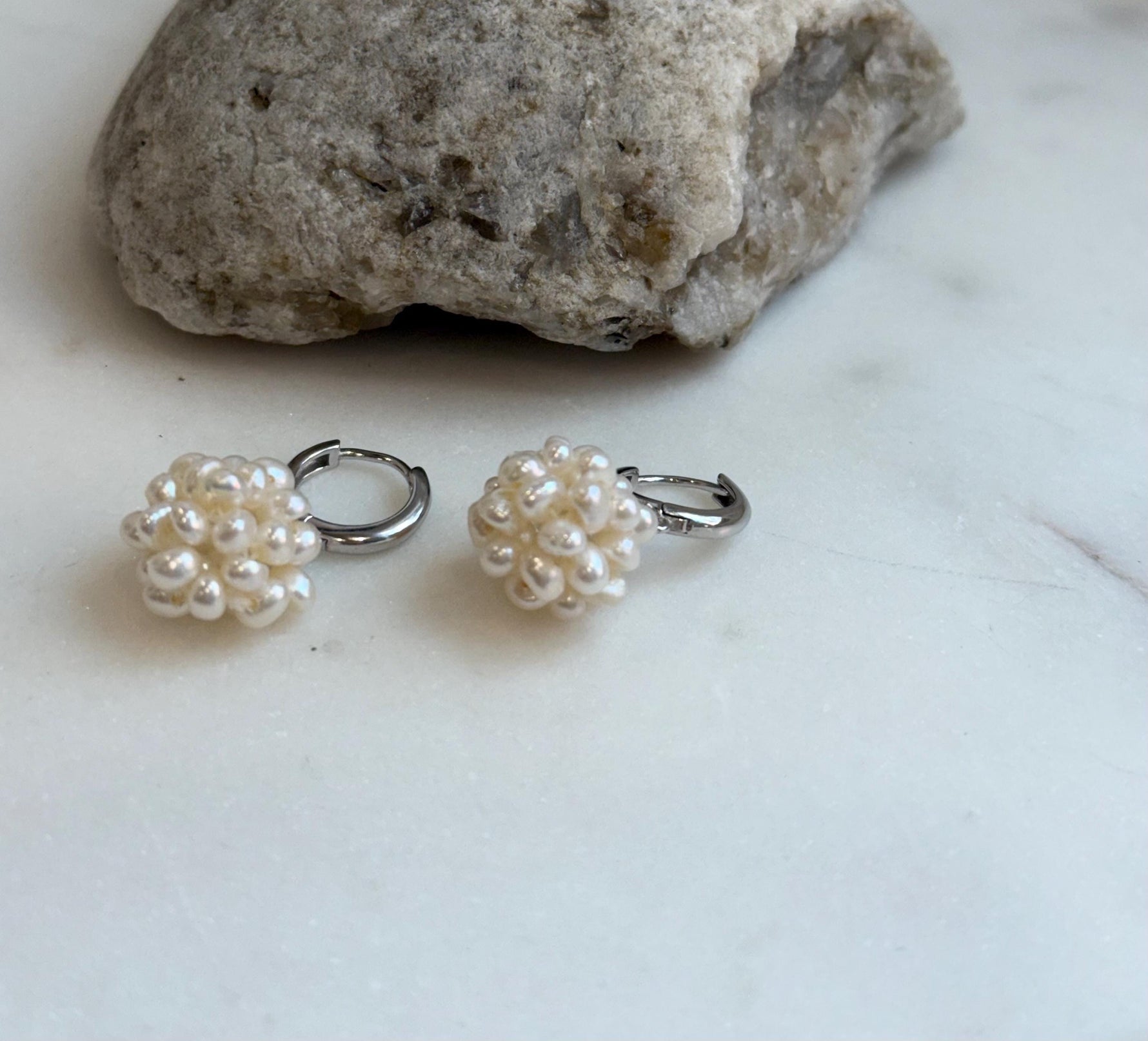 Freshwater ivory Keshi pearls hydrangeas balls s925 silver earrings hoops for her birthday