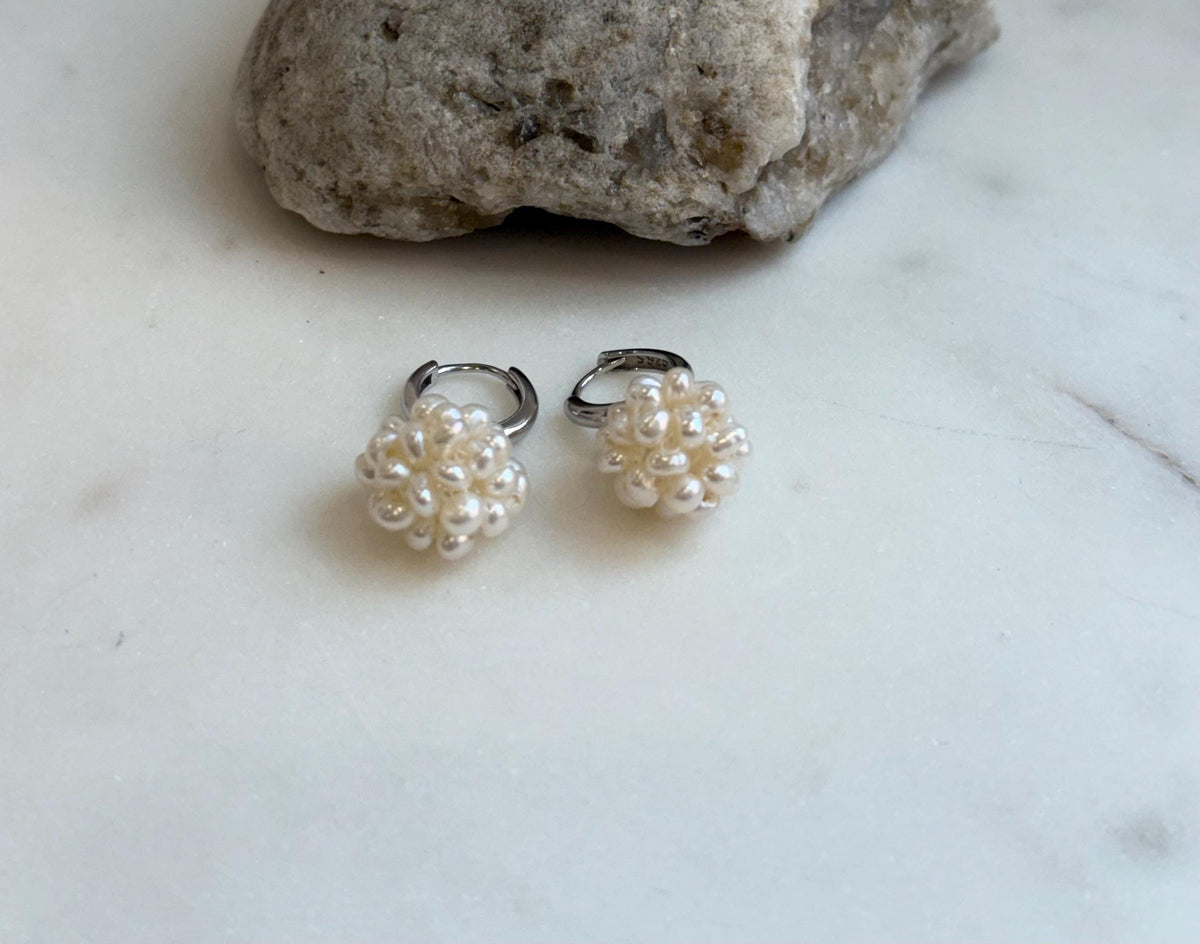 Freshwater ivory Keshi pearls hydrangeas balls s925 silver earrings hoops for her anniversary