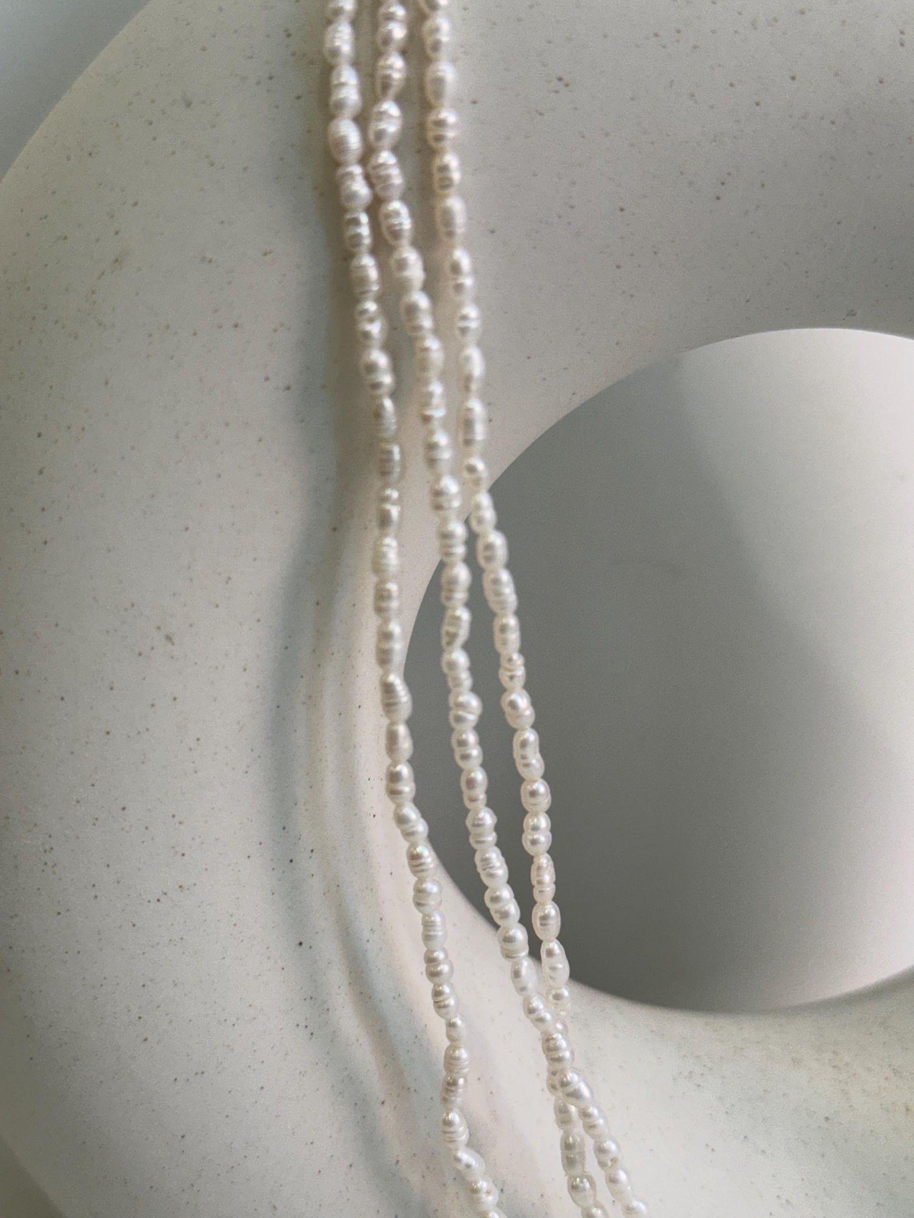 affordable 3-layers white freshwater Keshi small rice pearls s925 silver necklace strand for her