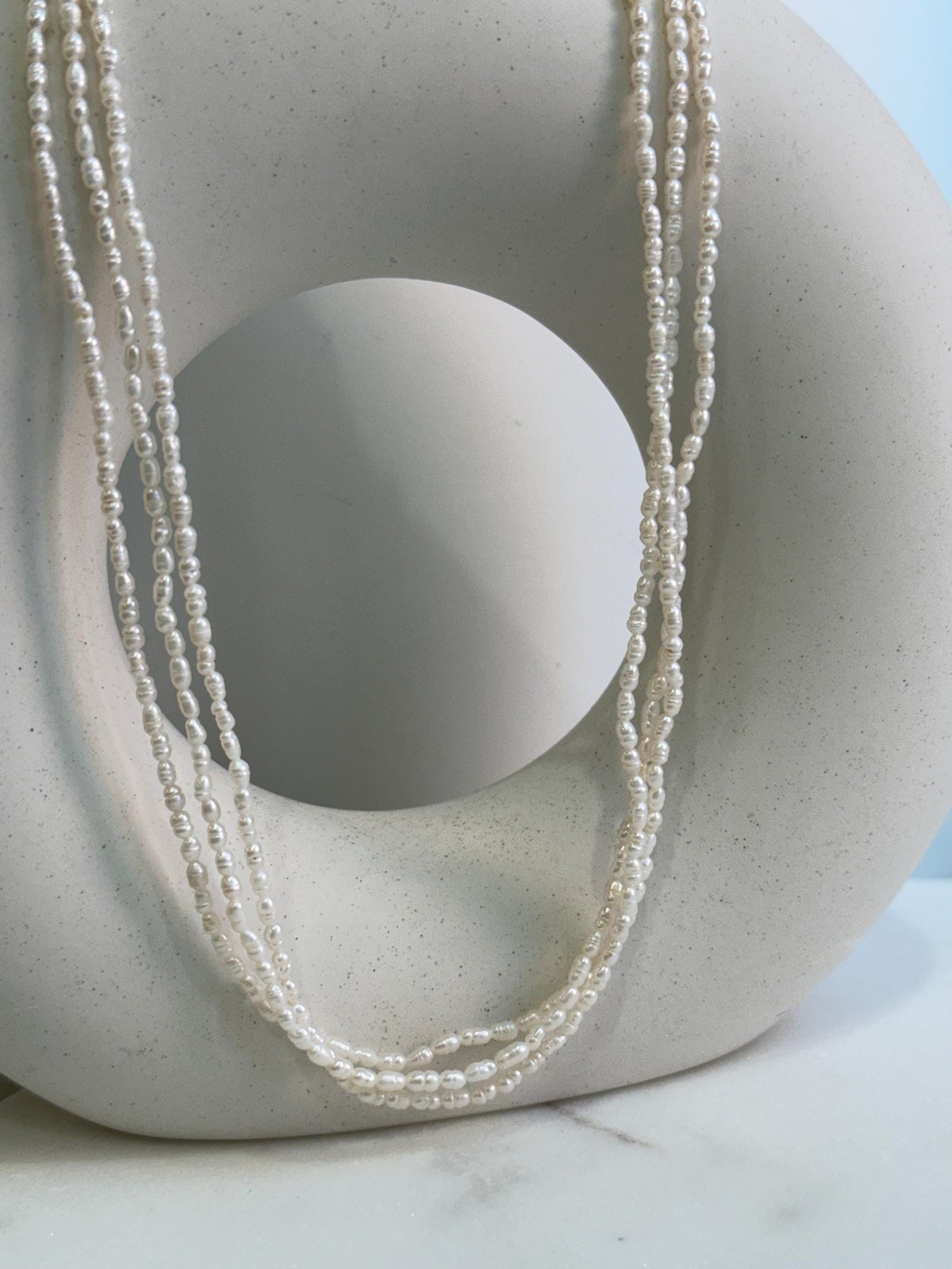 3-layers white freshwater Keshi small rice pearls s925 silver necklace strand for her