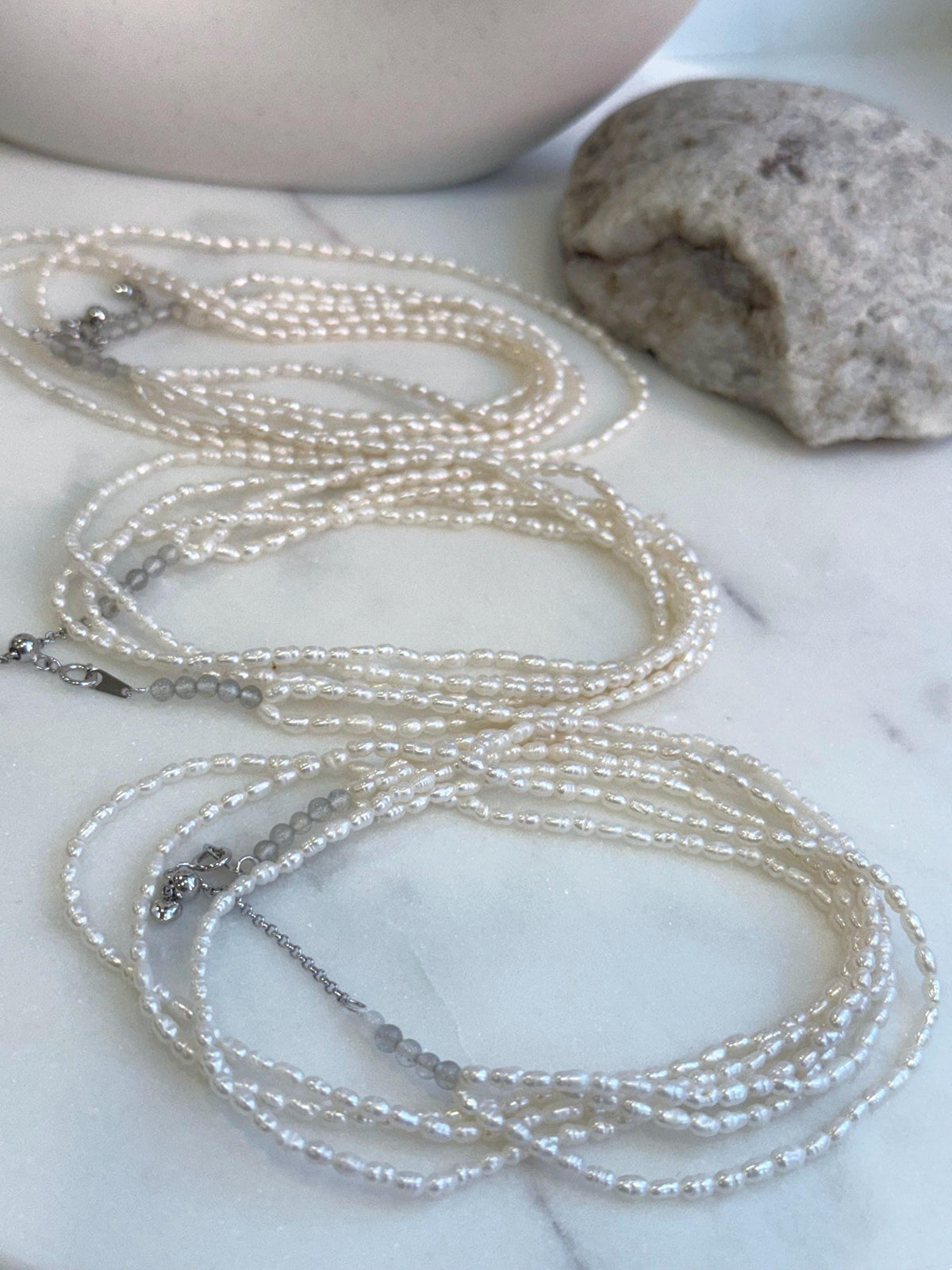 3-layers white freshwater Keshi small rice pearls s925 silver necklace strand for her anniversary