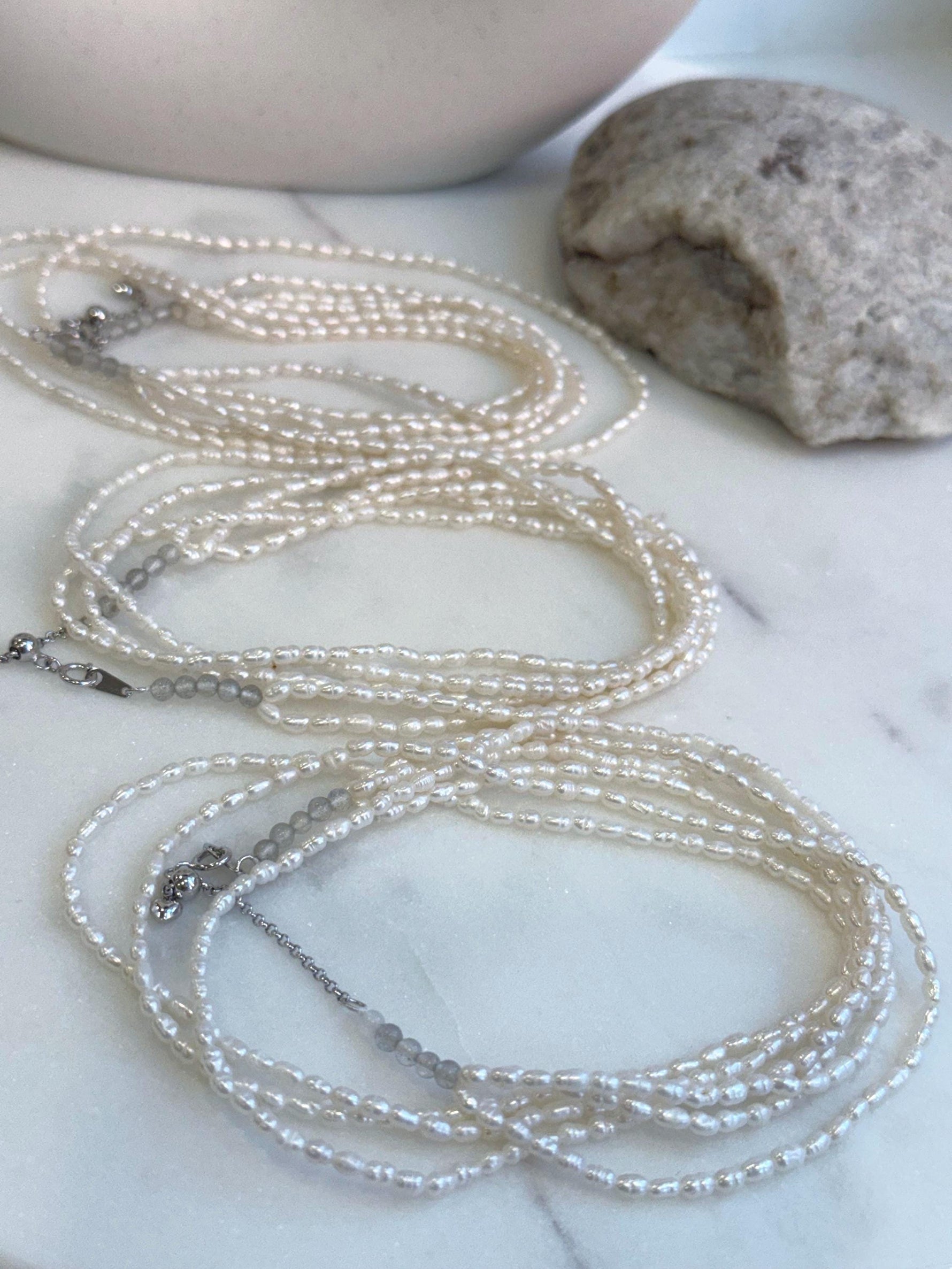 3-layers white freshwater Keshi small rice pearls s925 silver necklace strand for her anniversary