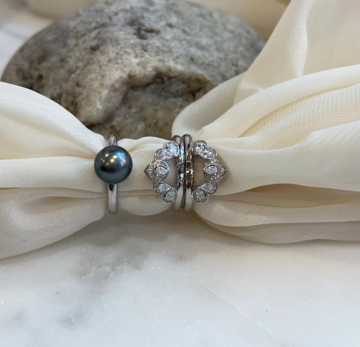 Tahitian green Pearl s925 silver 3 rings into 1 set for her daily wear