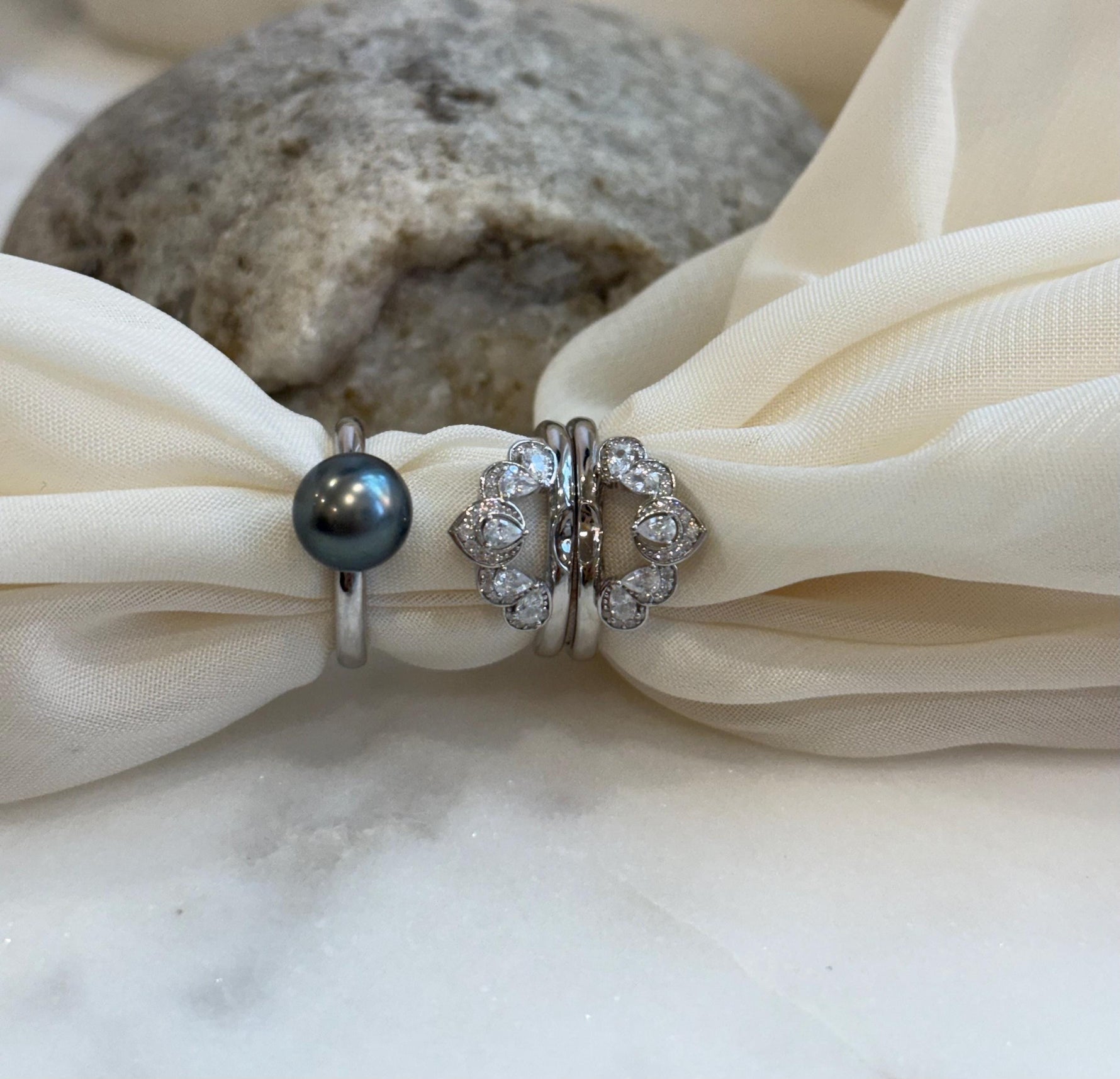 Tahitian green Pearl s925 silver 3 rings into 1 set for her daily wear