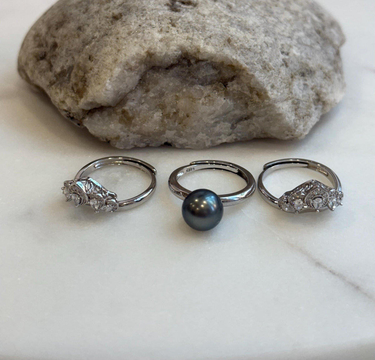 Tahitian green Pearl s925 silver 3 rings into 1 set for her office wear