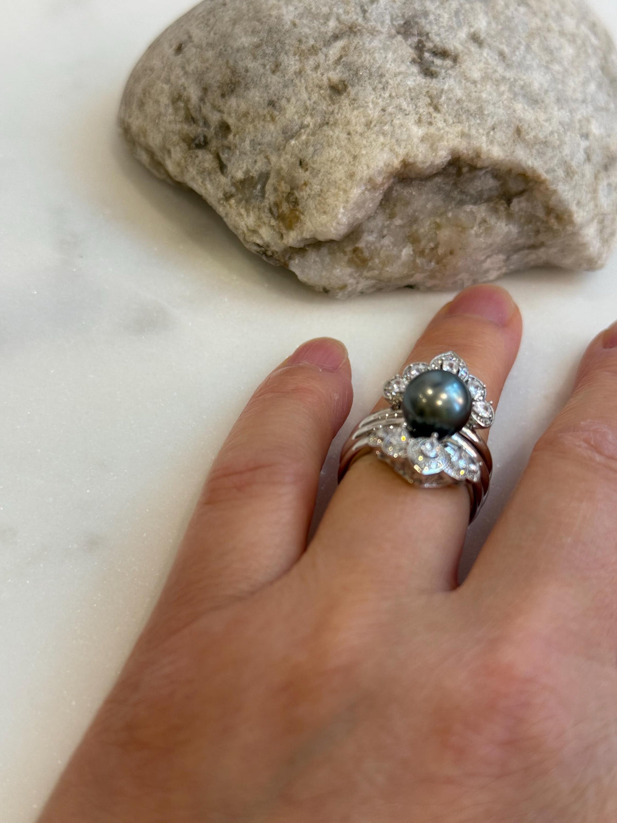 Tahitian green Pearl s925 silver 3 rings into 1 set for her anniversary