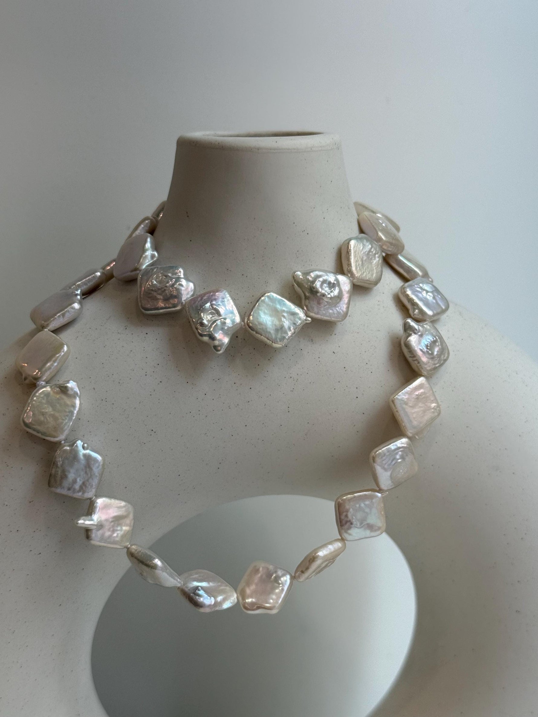 unique white iridescent freshwater square Keshi pearls s925 silver necklace strand for her