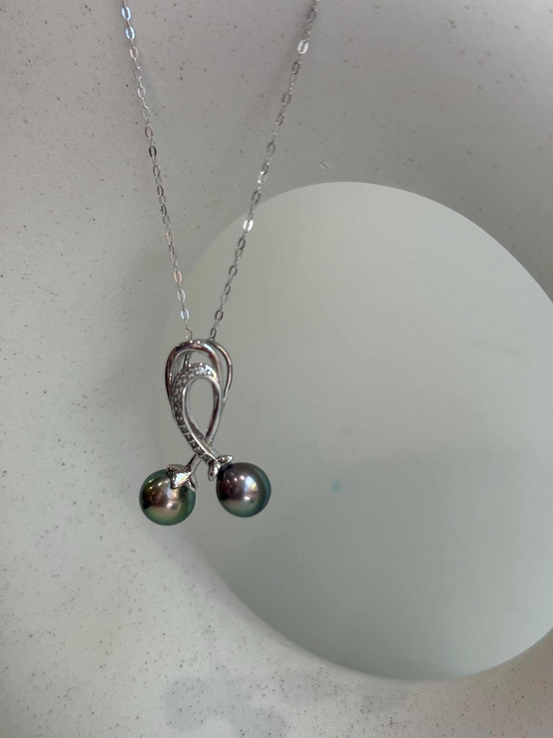 Tahitian peacock green double pearls s925 silver cherry stylish pendant necklace set for her engagement