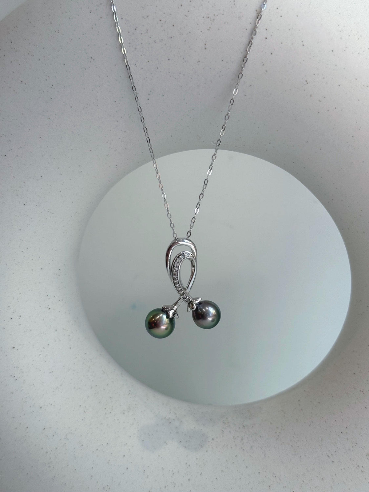 Tahitian peacock green double pearls s925 silver cherry stylish pendant necklace set for her