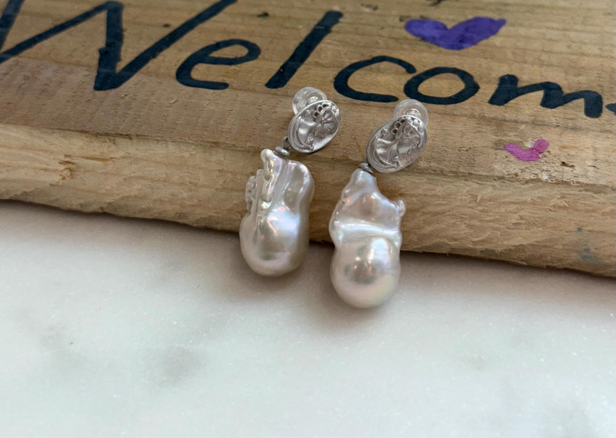 white iridescent baroque pearls s925 silver earrings for her  birthday